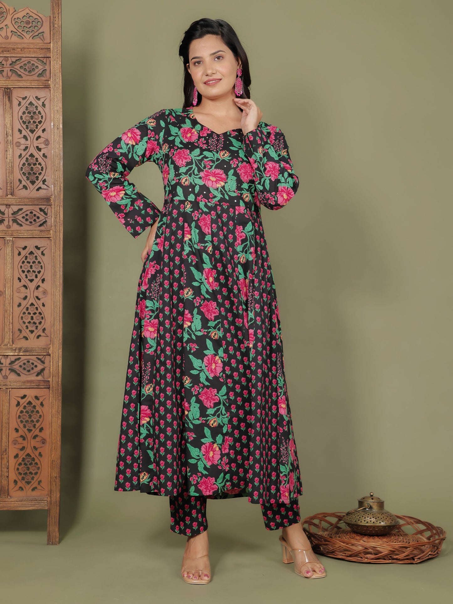 Embroidered Soft Cotton Floral Anarkali Black Kurta