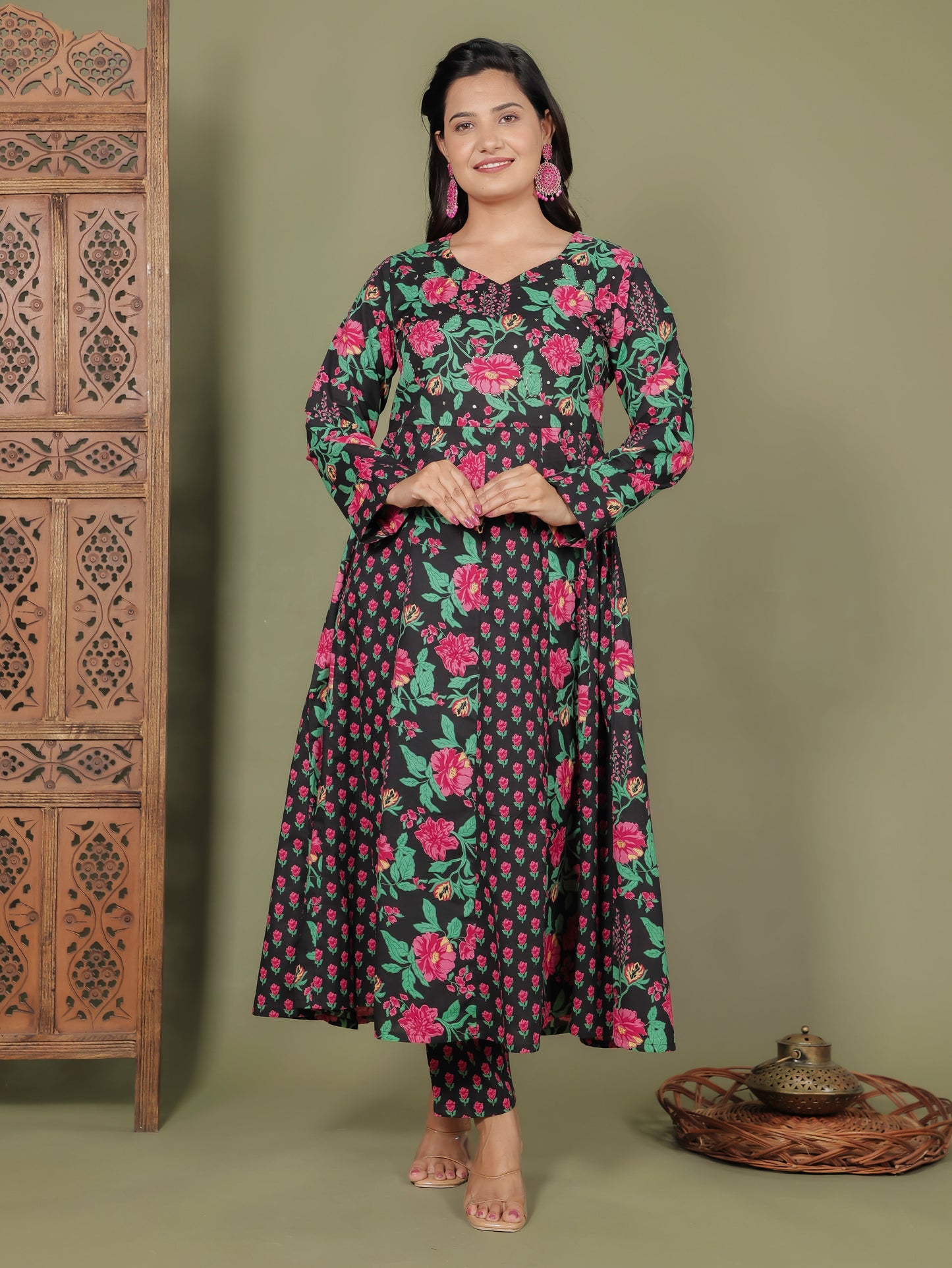 Embroidered Soft Cotton Floral Anarkali Black Kurta