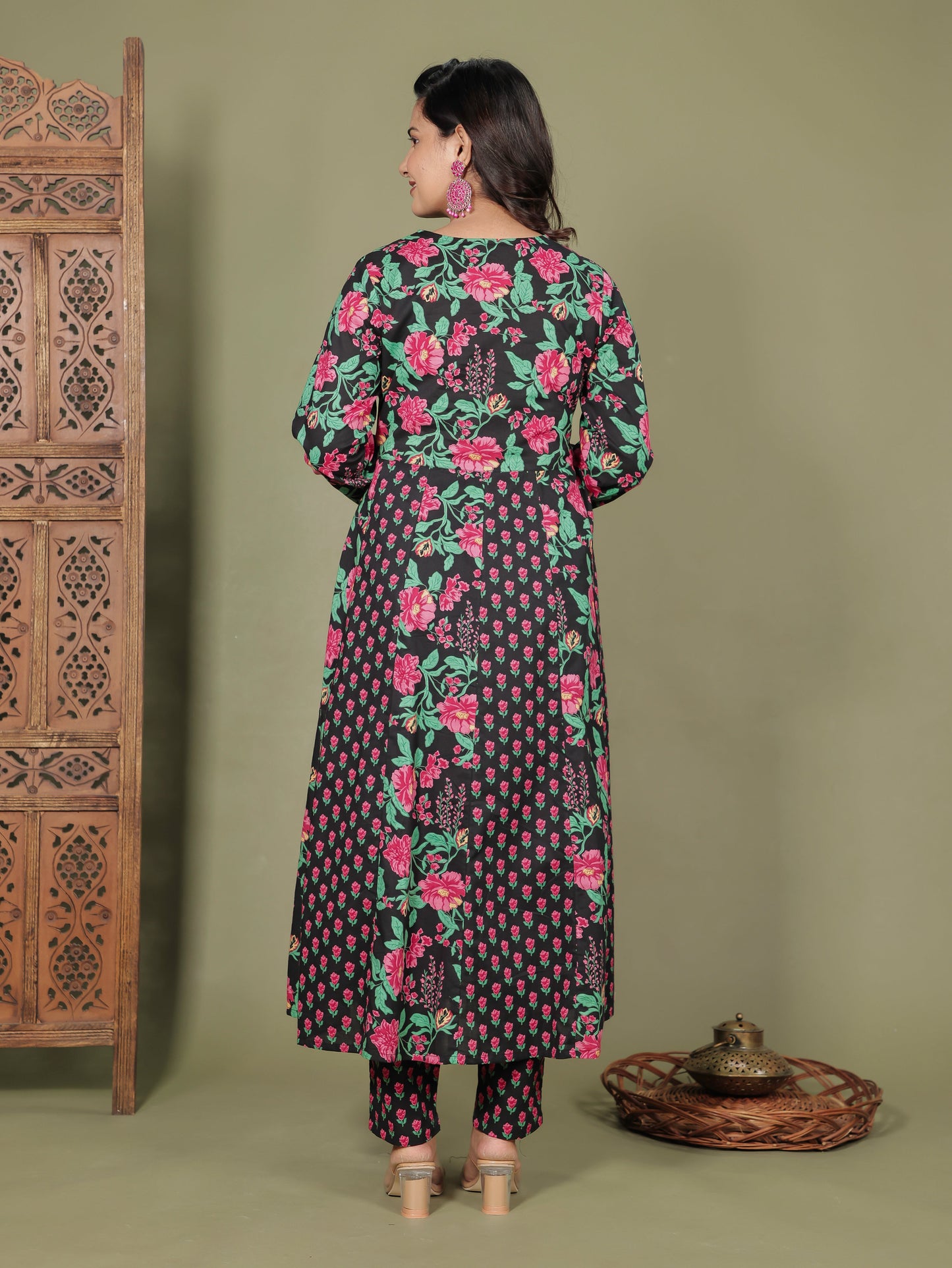 Embroidered Soft Cotton Floral Anarkali Black Kurta