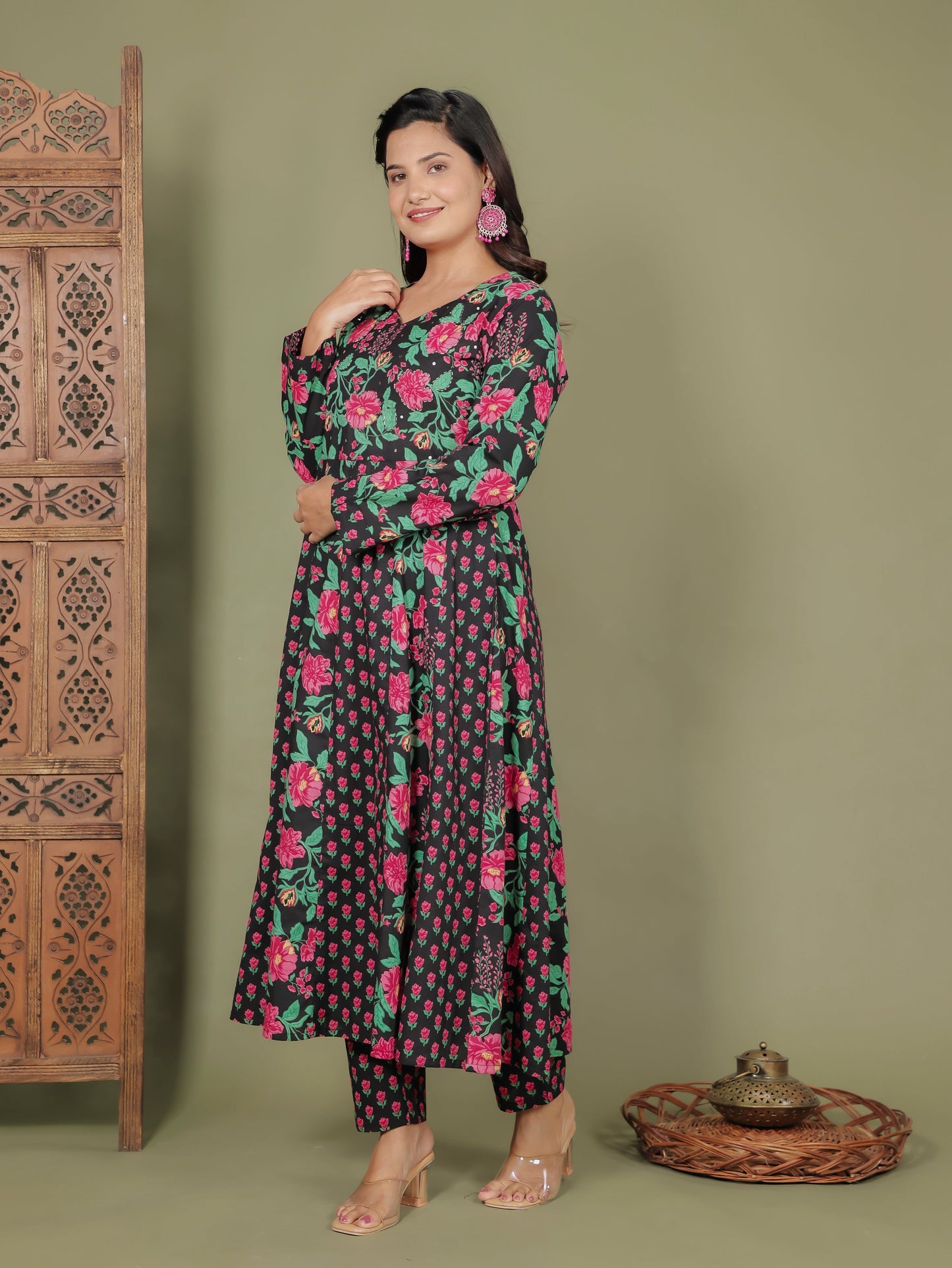 Embroidered Soft Cotton Floral Anarkali Black Kurta