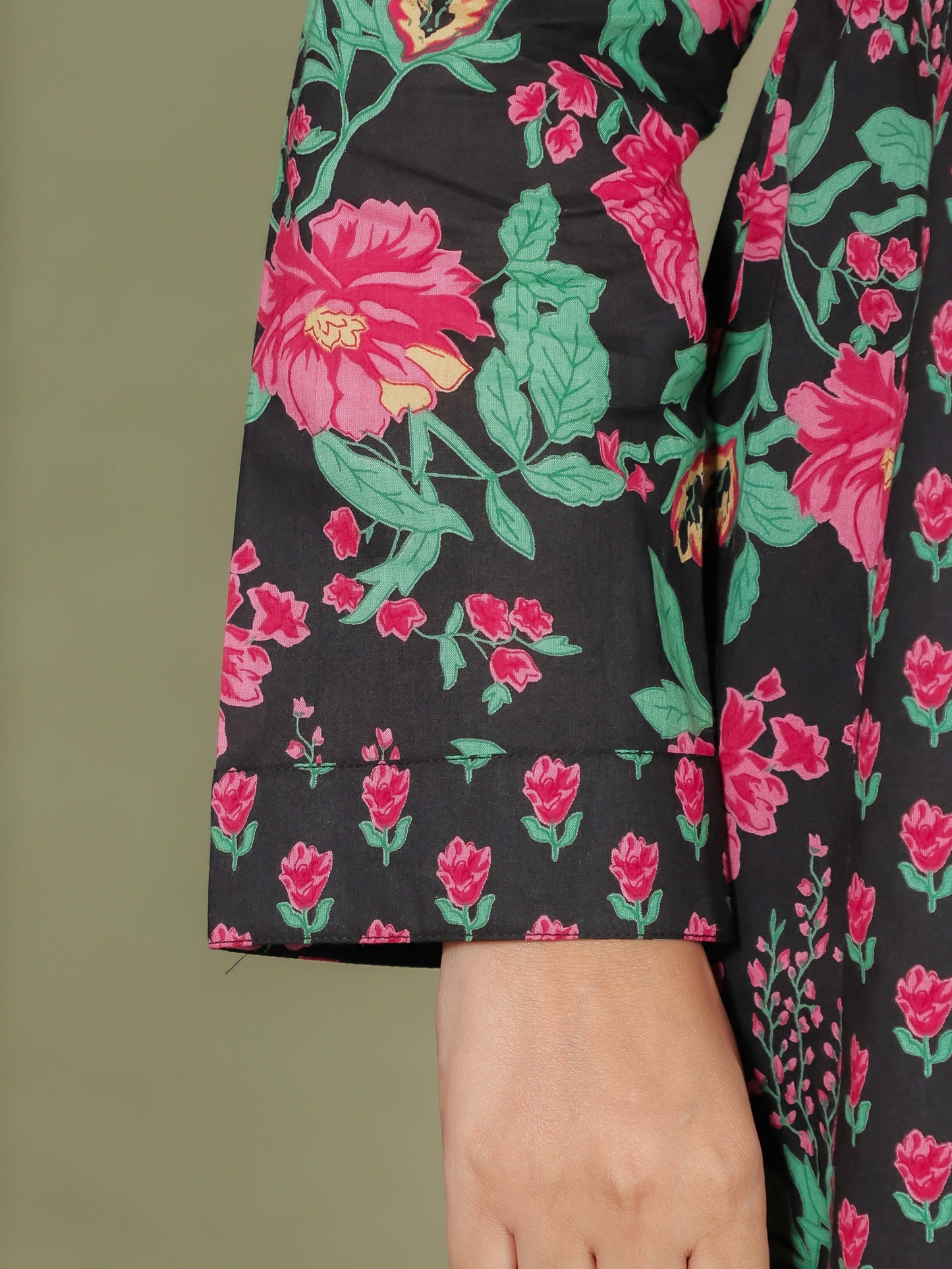 Embroidered Soft Cotton Floral Anarkali Black Kurta