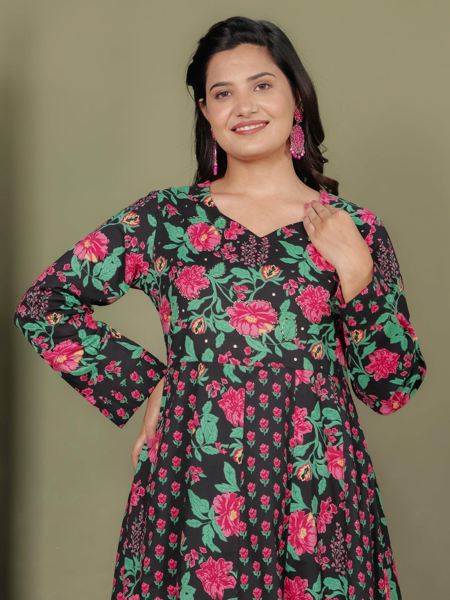 Embroidered Soft Cotton Floral Anarkali Black Kurta