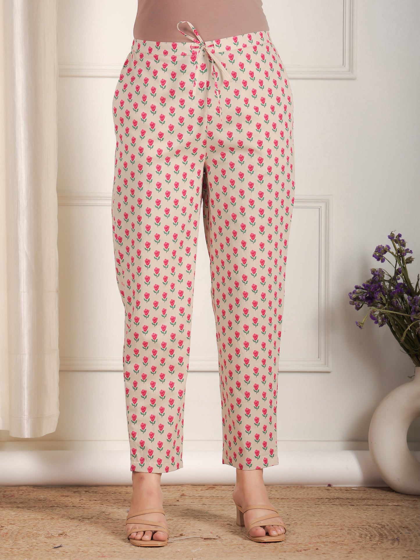 Embroidered Soft Cotton Floral Beige Tapered Trousers