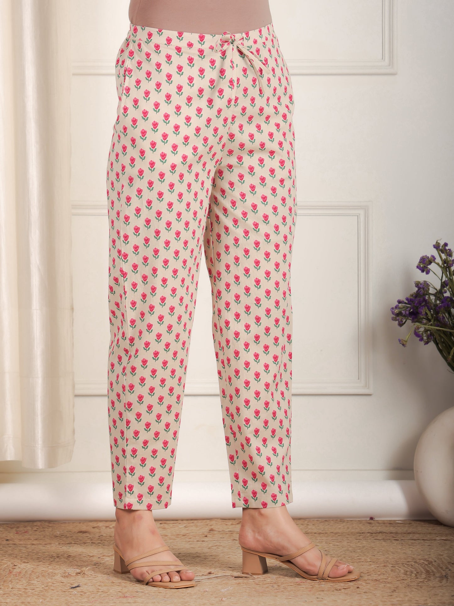 Embroidered Soft Cotton Floral Beige Tapered Trousers