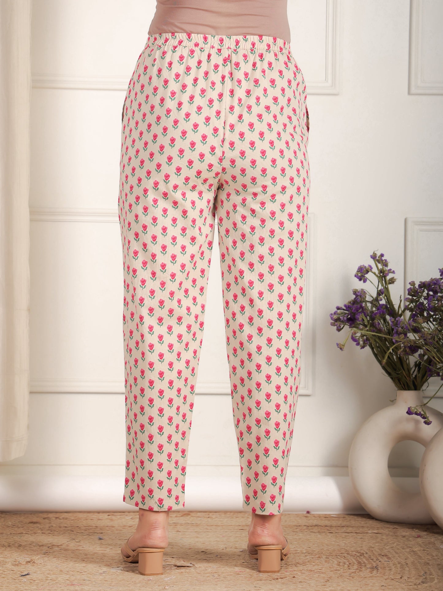 Embroidered Soft Cotton Floral Beige Tapered Trousers