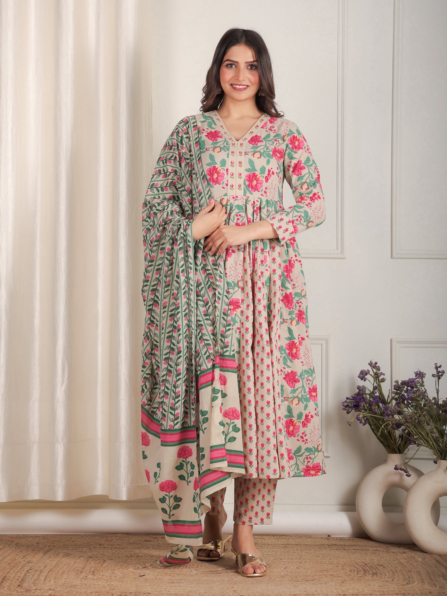 Cotton Voile Floral Beige Dupatta
