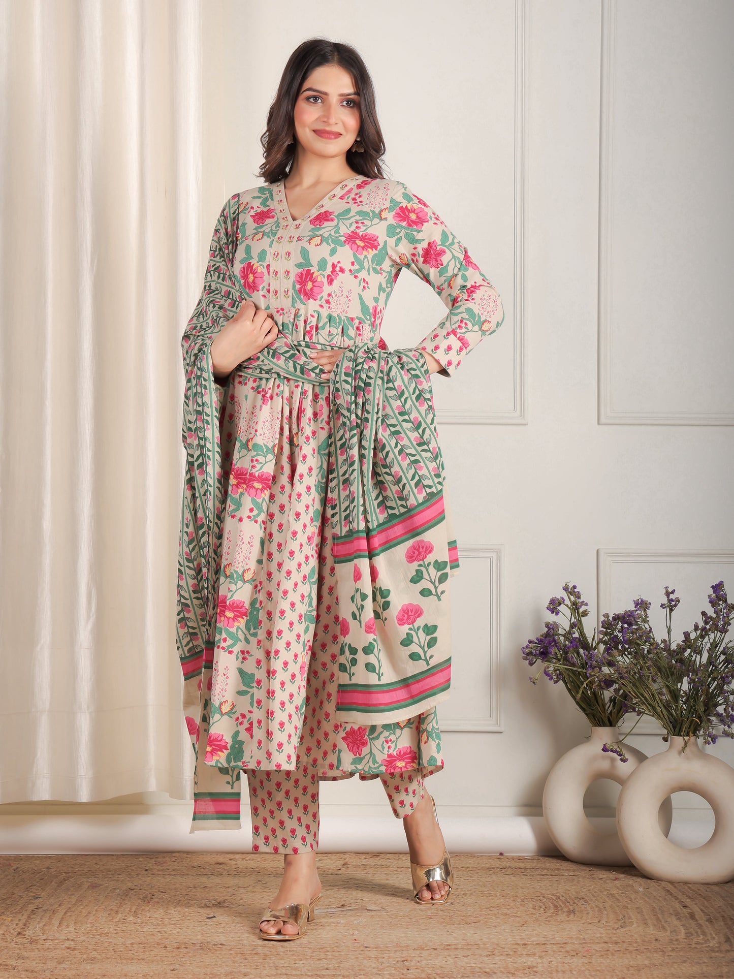 Embroidered Soft Cotton Floral Anarkali Beige Kurta
