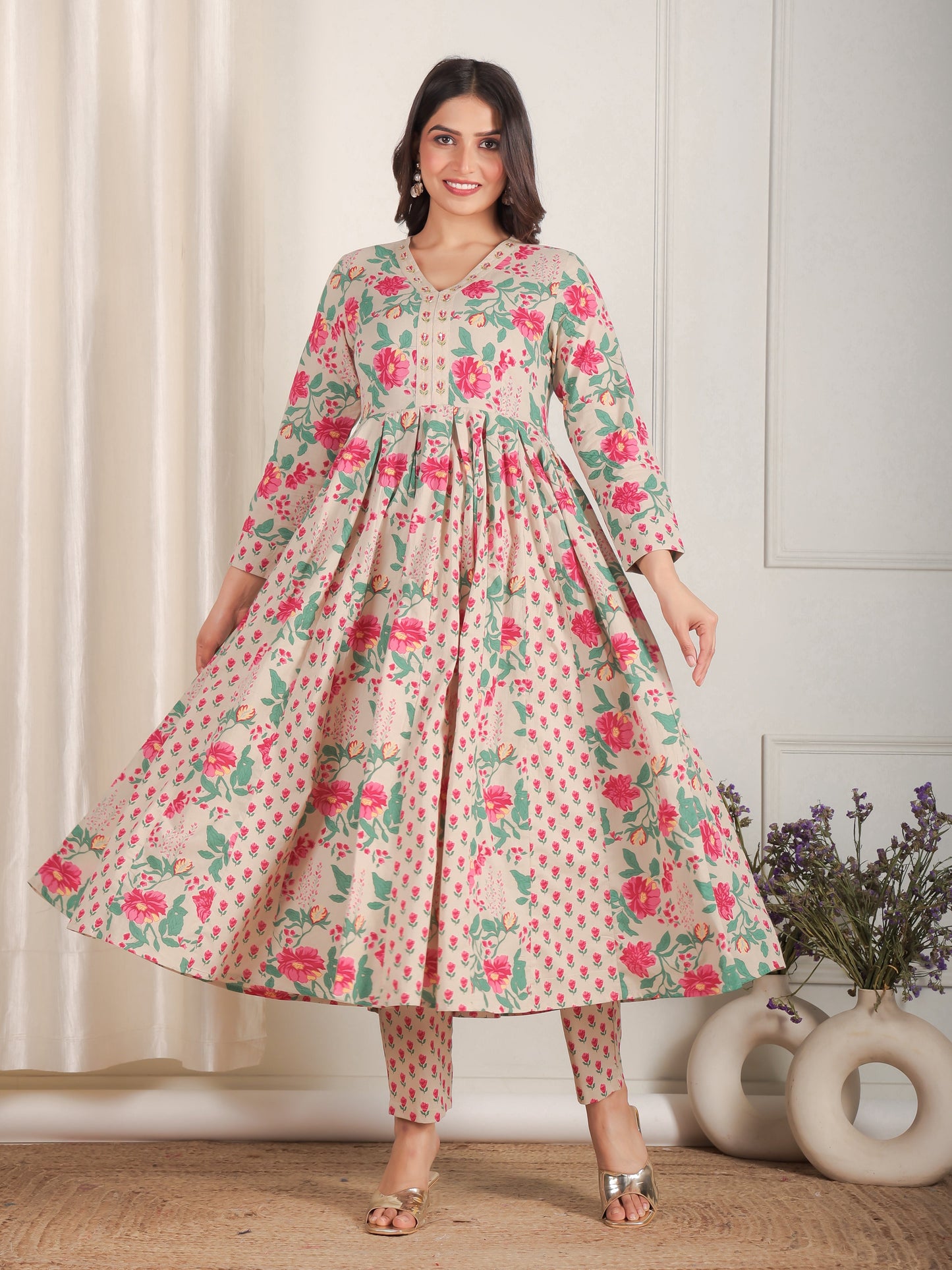 Embroidered Soft Cotton Floral Anarkali Beige Kurta
