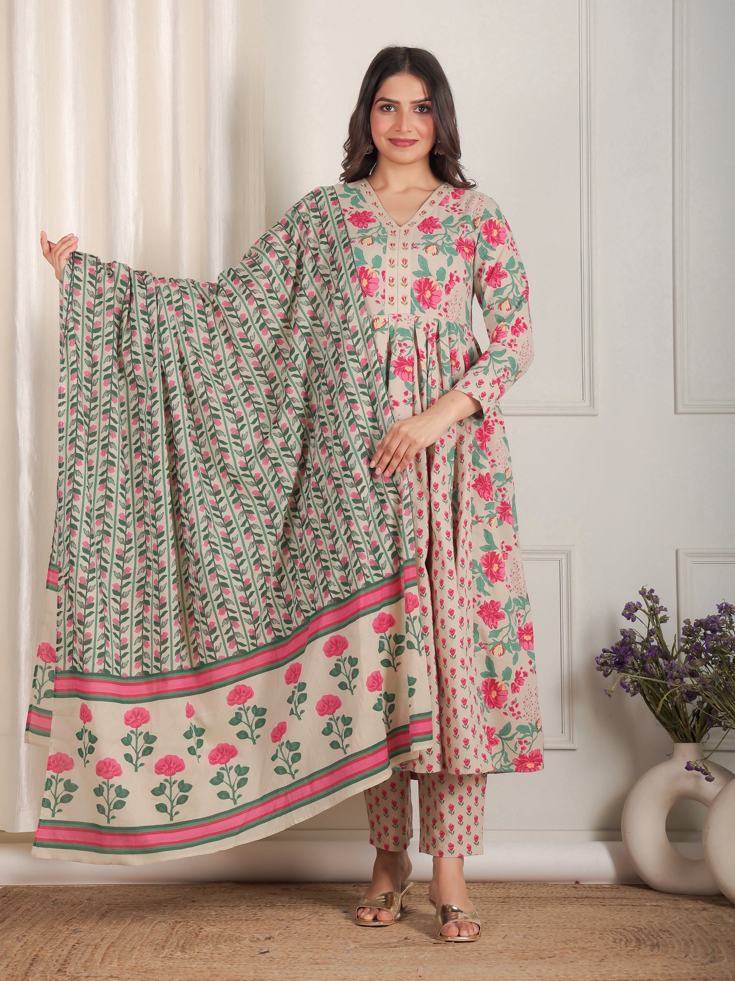 Embroidered Soft Cotton Floral Anarkali Beige Kurta