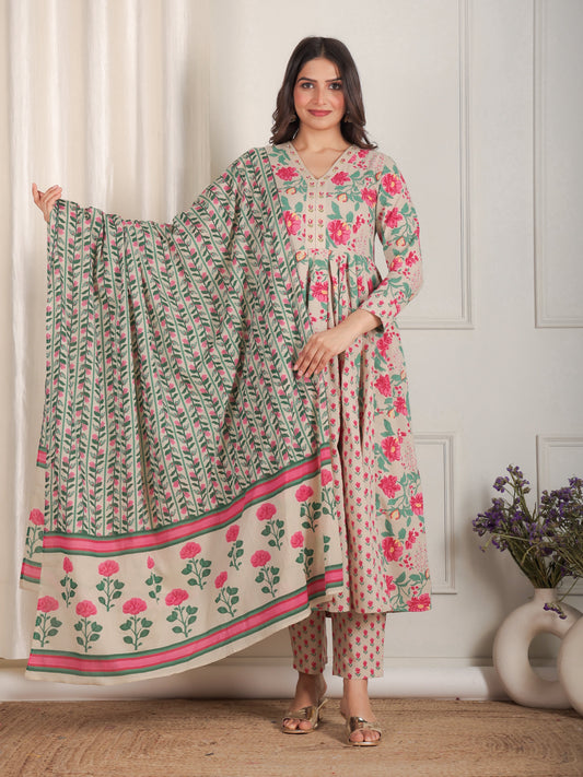 Embroidered Soft Cotton Floral Anarkali Beige Kurta