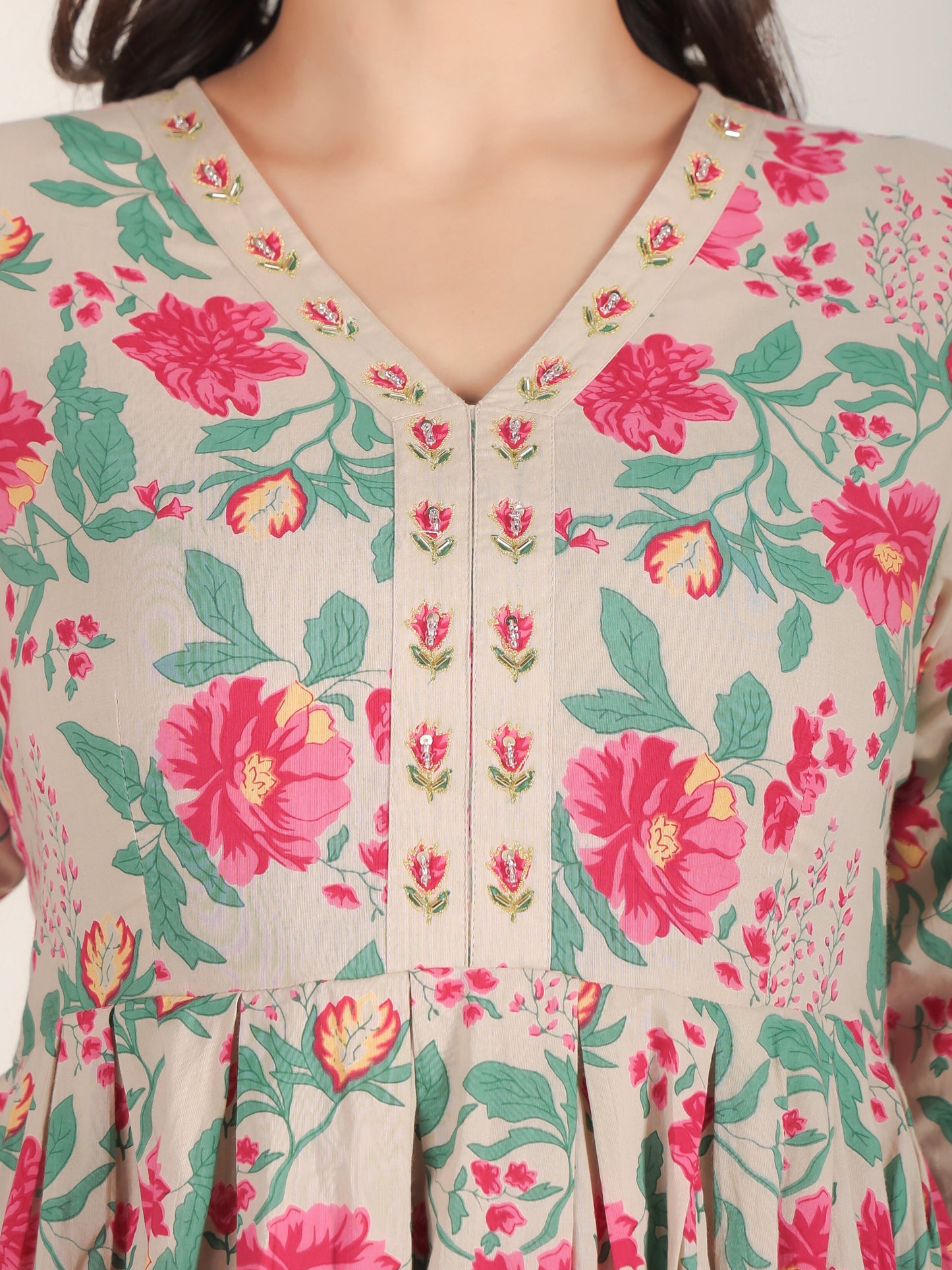Embroidered Soft Cotton Floral Anarkali Beige Kurta