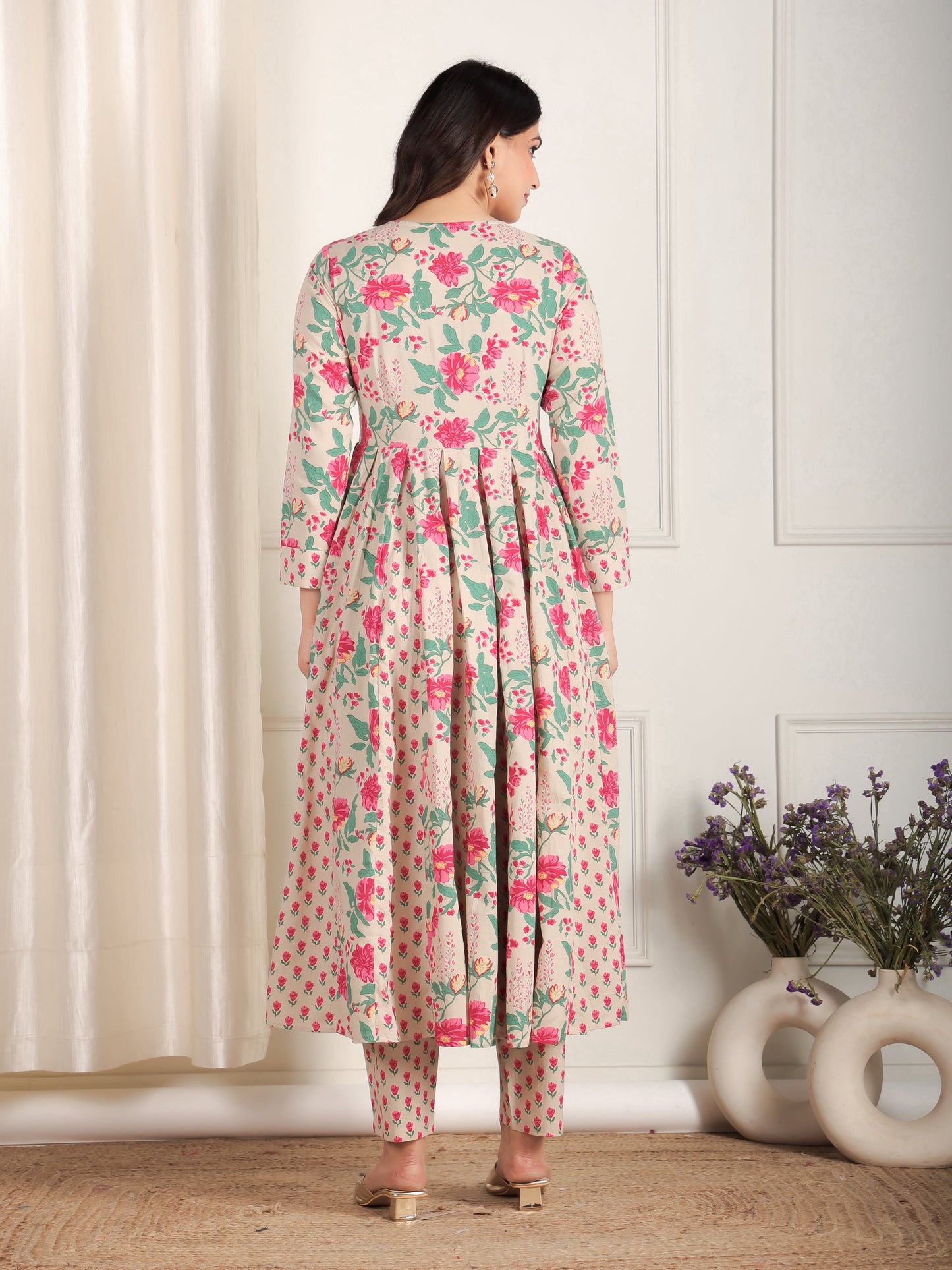 Embroidered Soft Cotton Floral Anarkali Beige Kurta