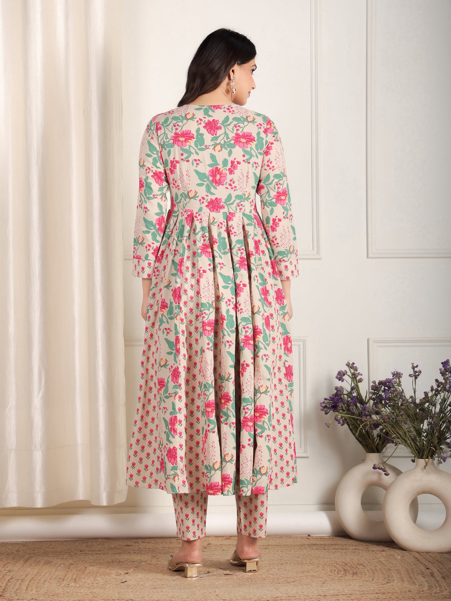 Embroidered Soft Cotton Floral Anarkali Beige Kurta