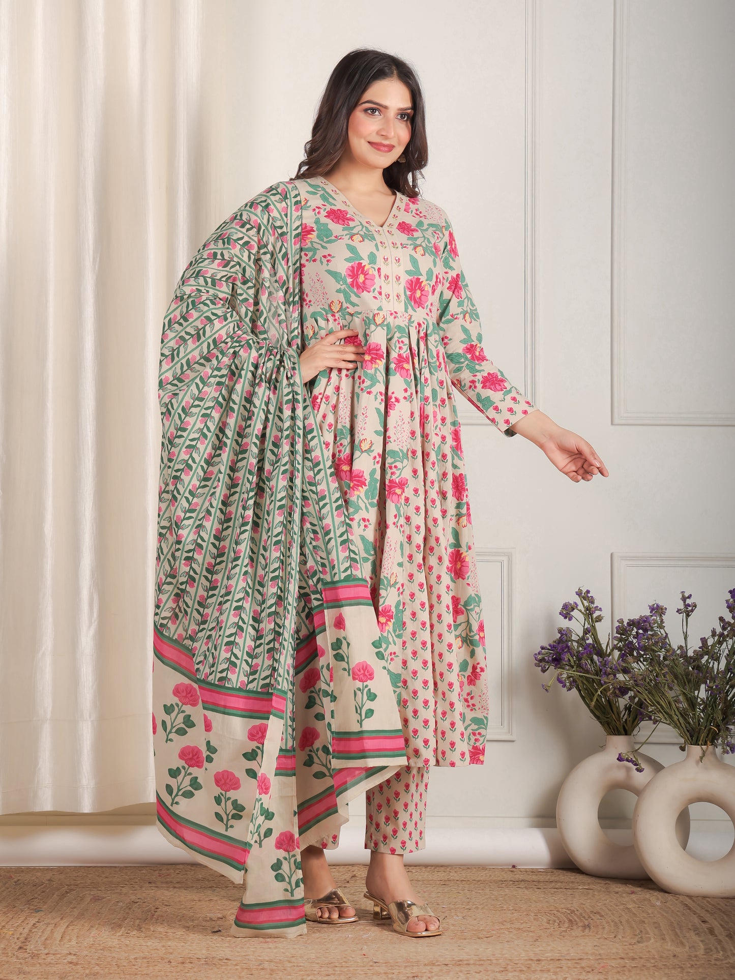 Embroidered Soft Cotton Floral Anarkali Beige Kurta