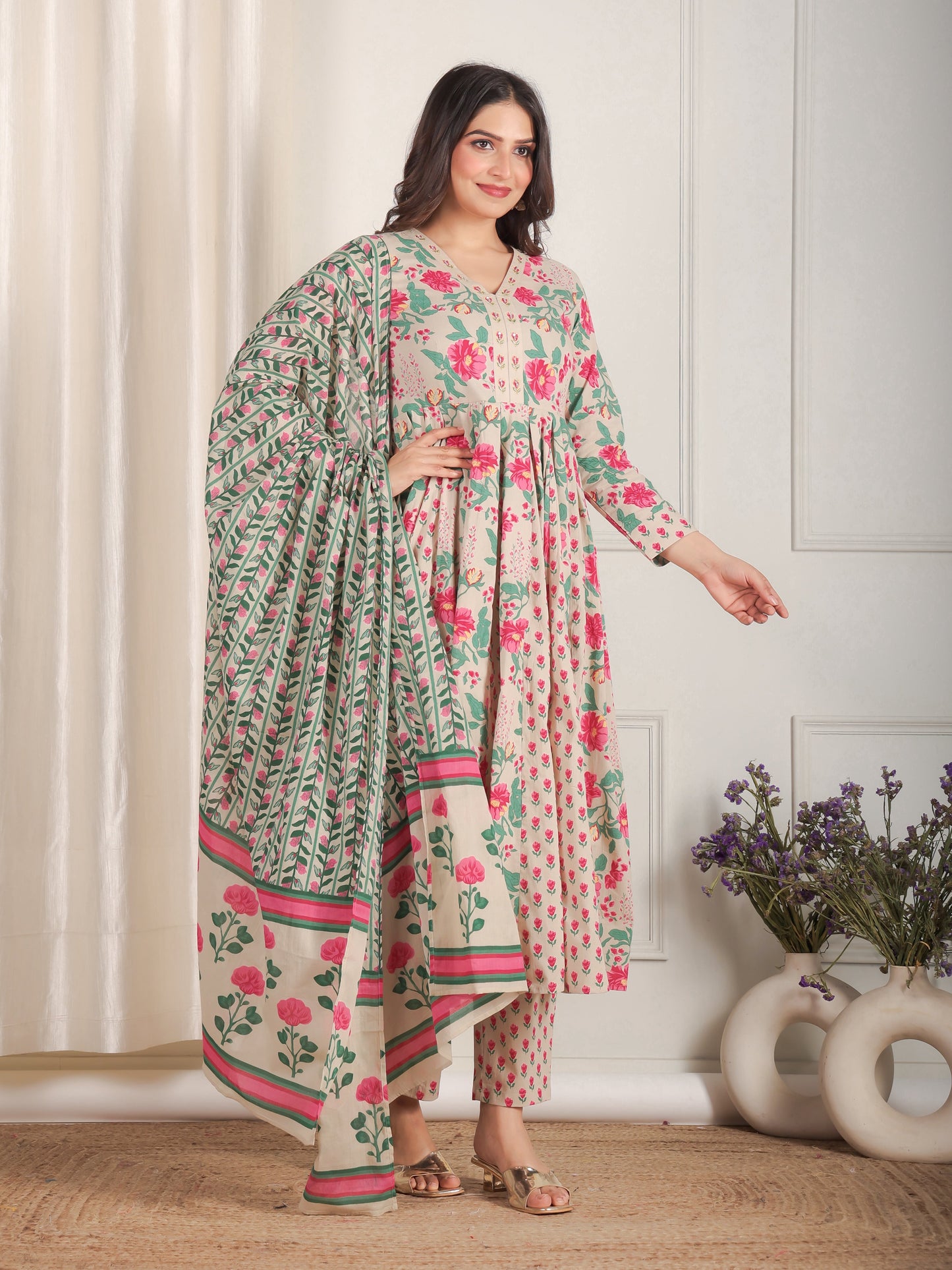 Embroidered Soft Cotton Floral Anarkali Beige Kurta