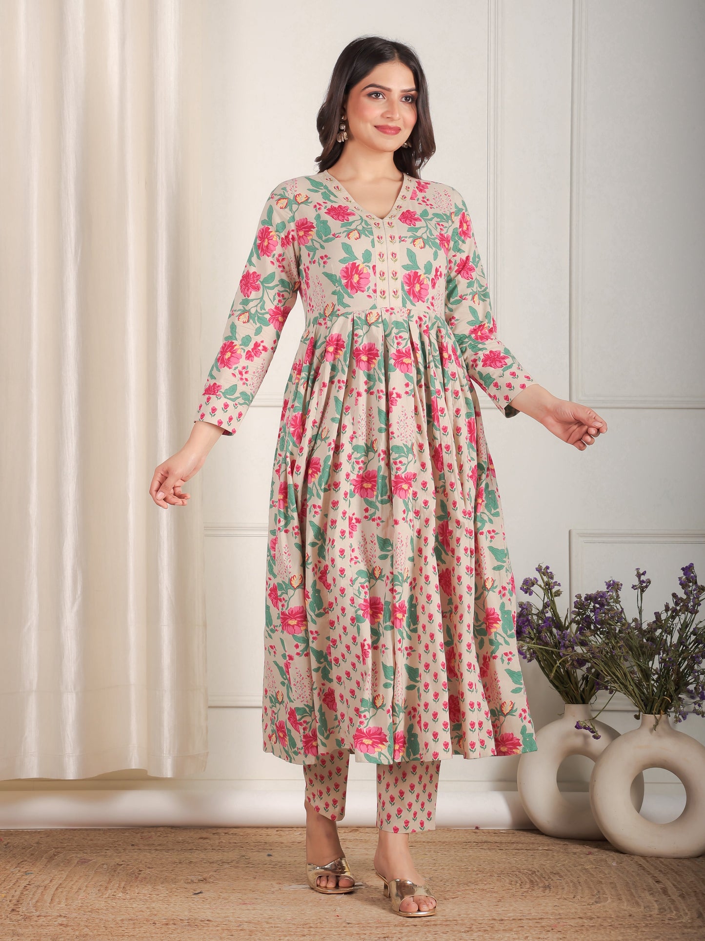 Embroidered Soft Cotton Floral Anarkali Beige Kurta