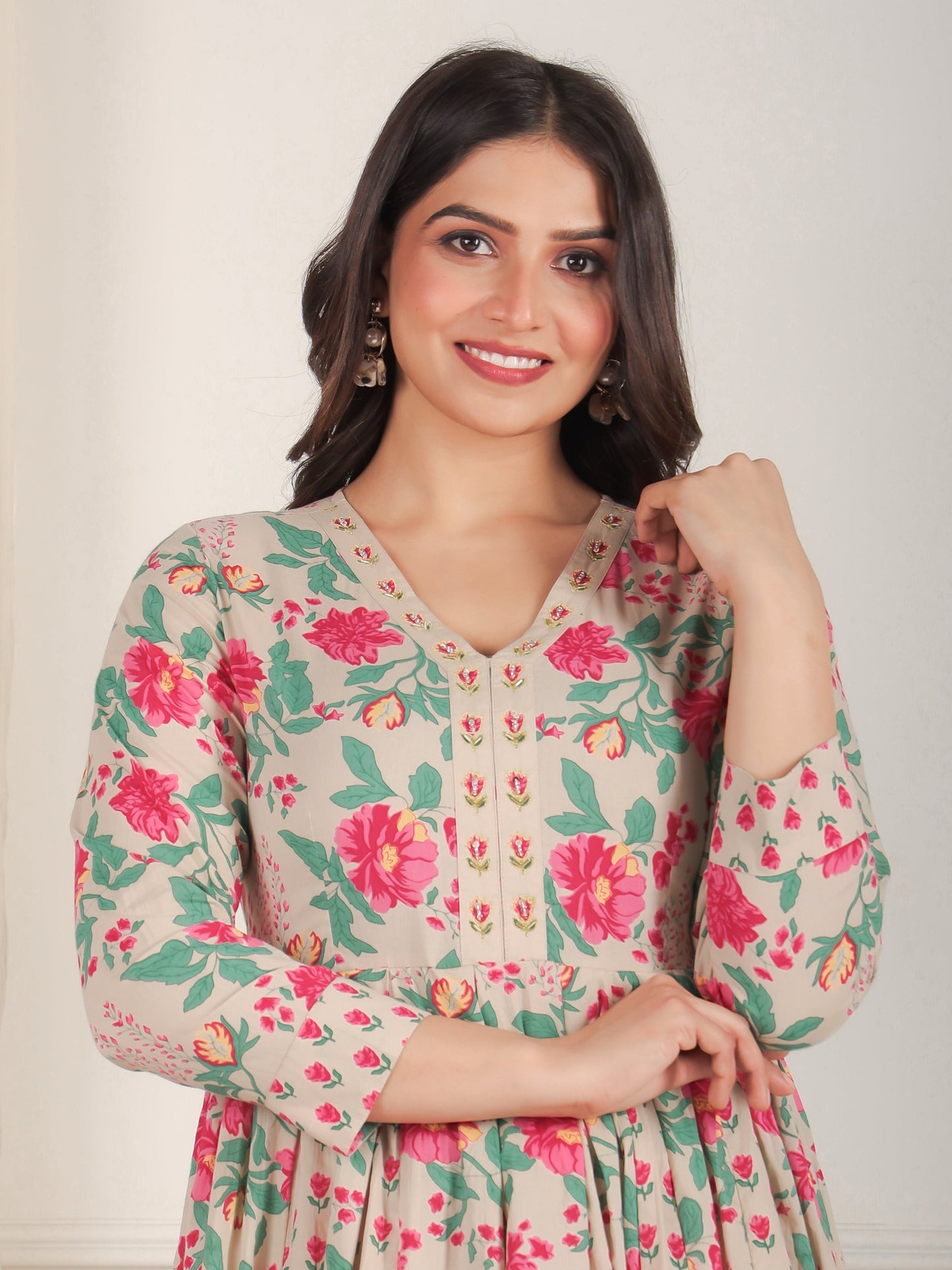 Embroidered Soft Cotton Floral Anarkali Beige Kurta