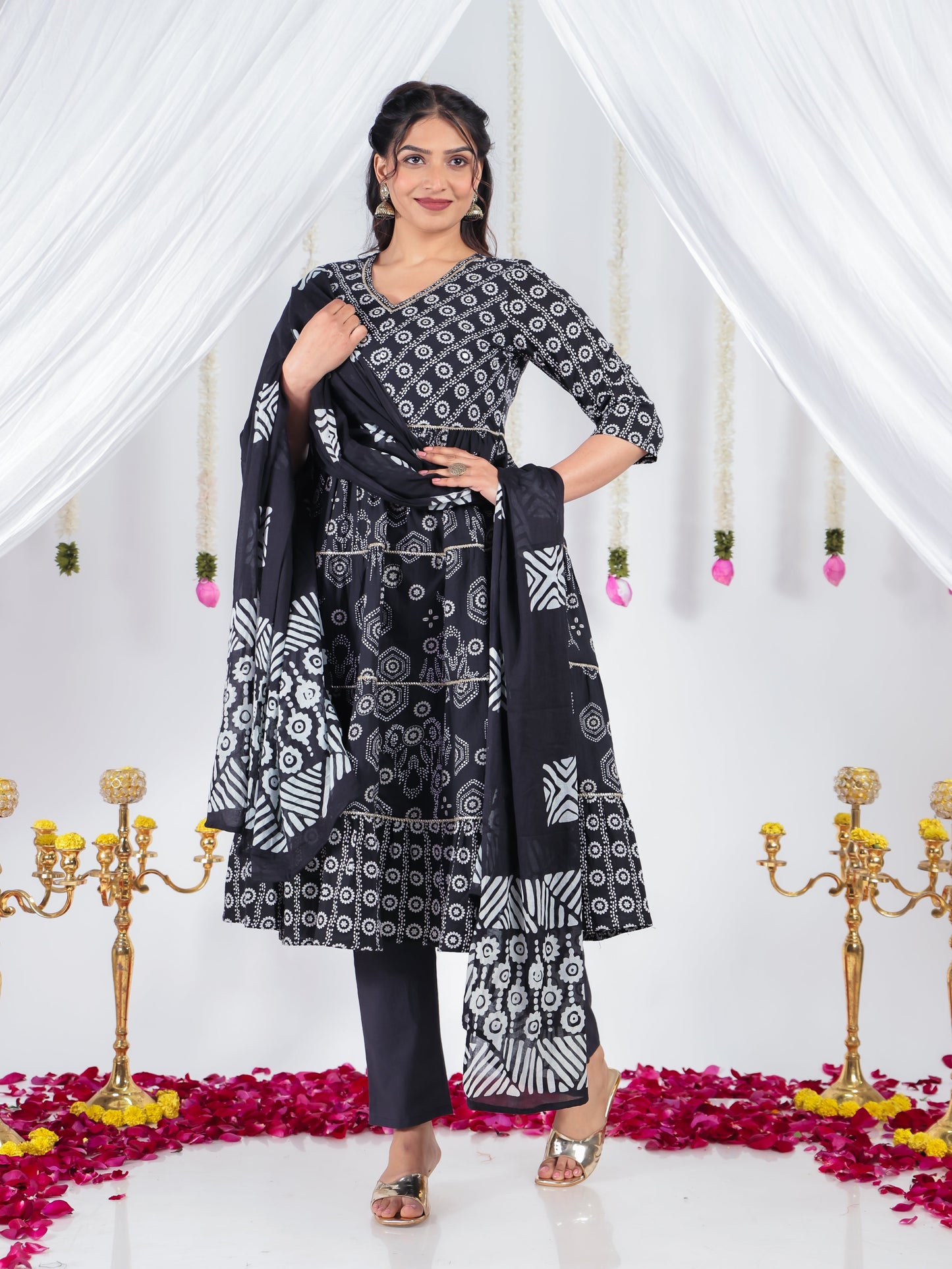 Soft Cotton Bandhani Anarkali Black Kurta