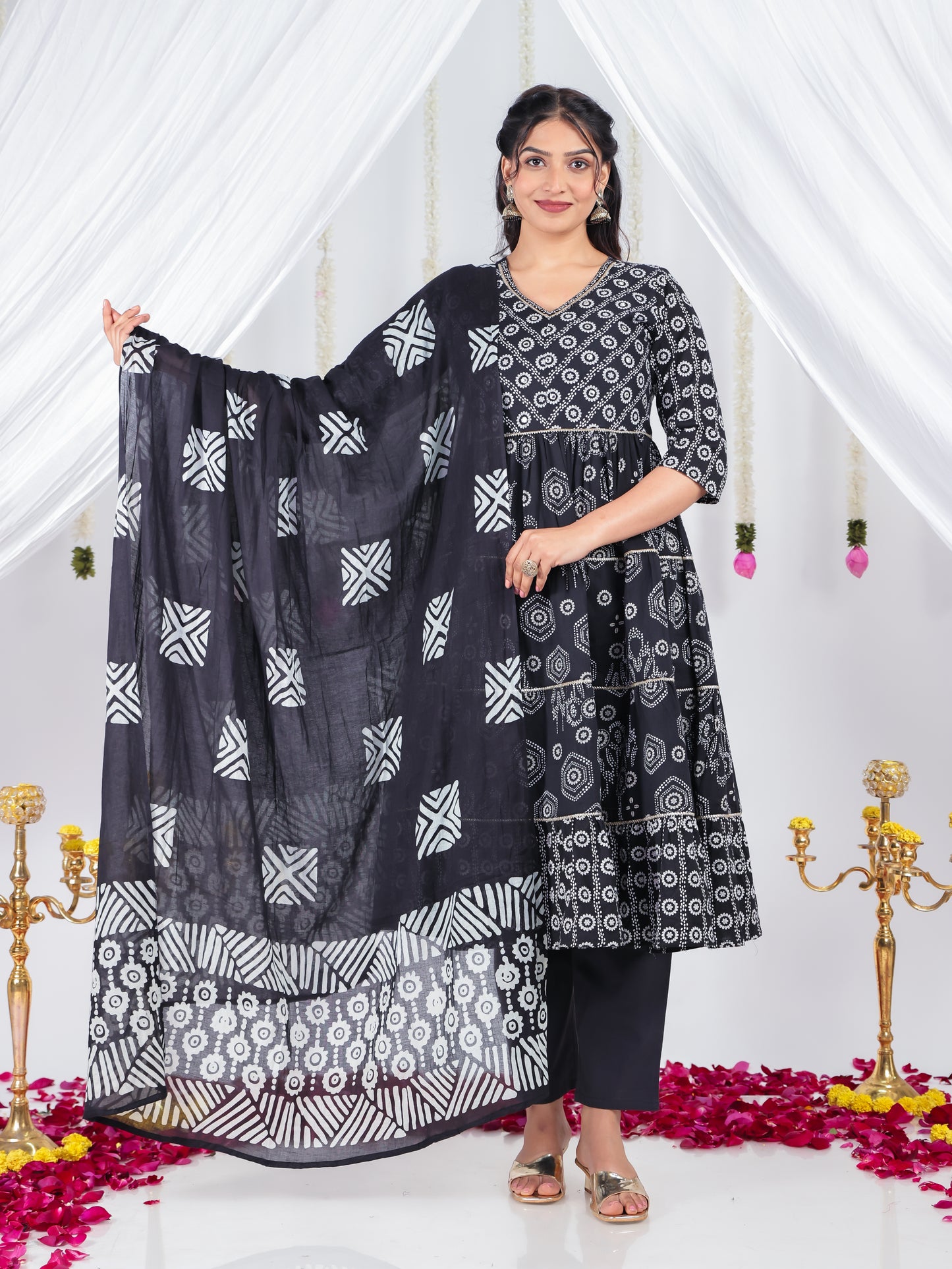 Soft Cotton Bandhani Anarkali Black Kurta