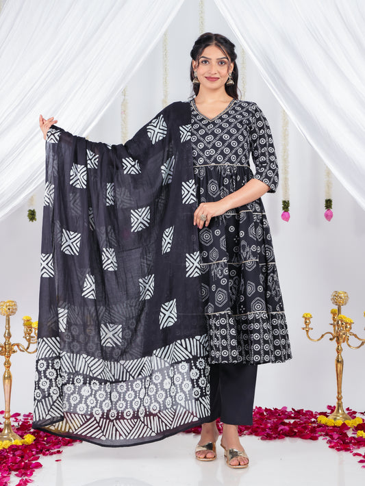 Soft Cotton Bandhani Anarkali Black Kurta