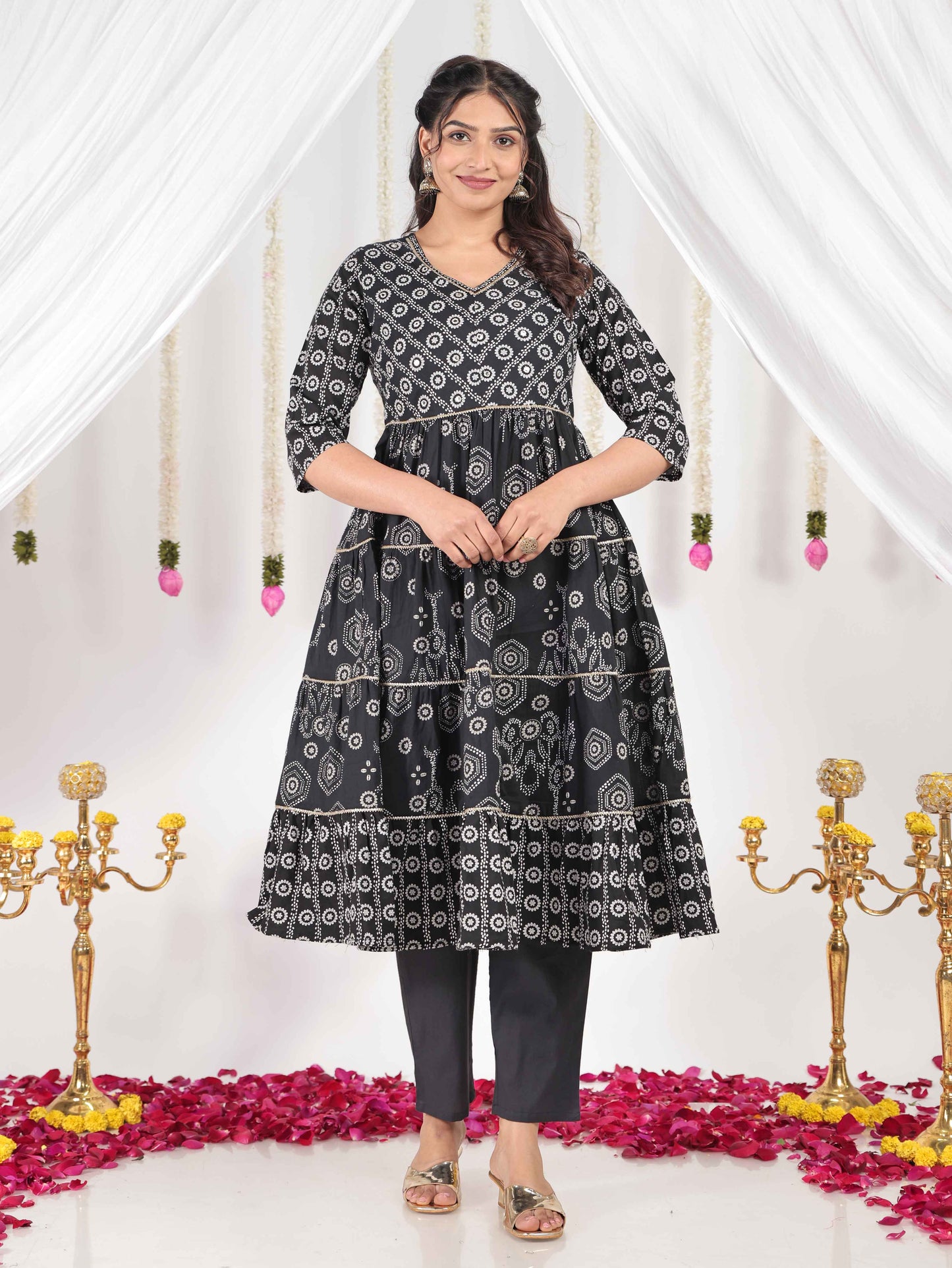 Soft Cotton Bandhani Anarkali Black Kurta
