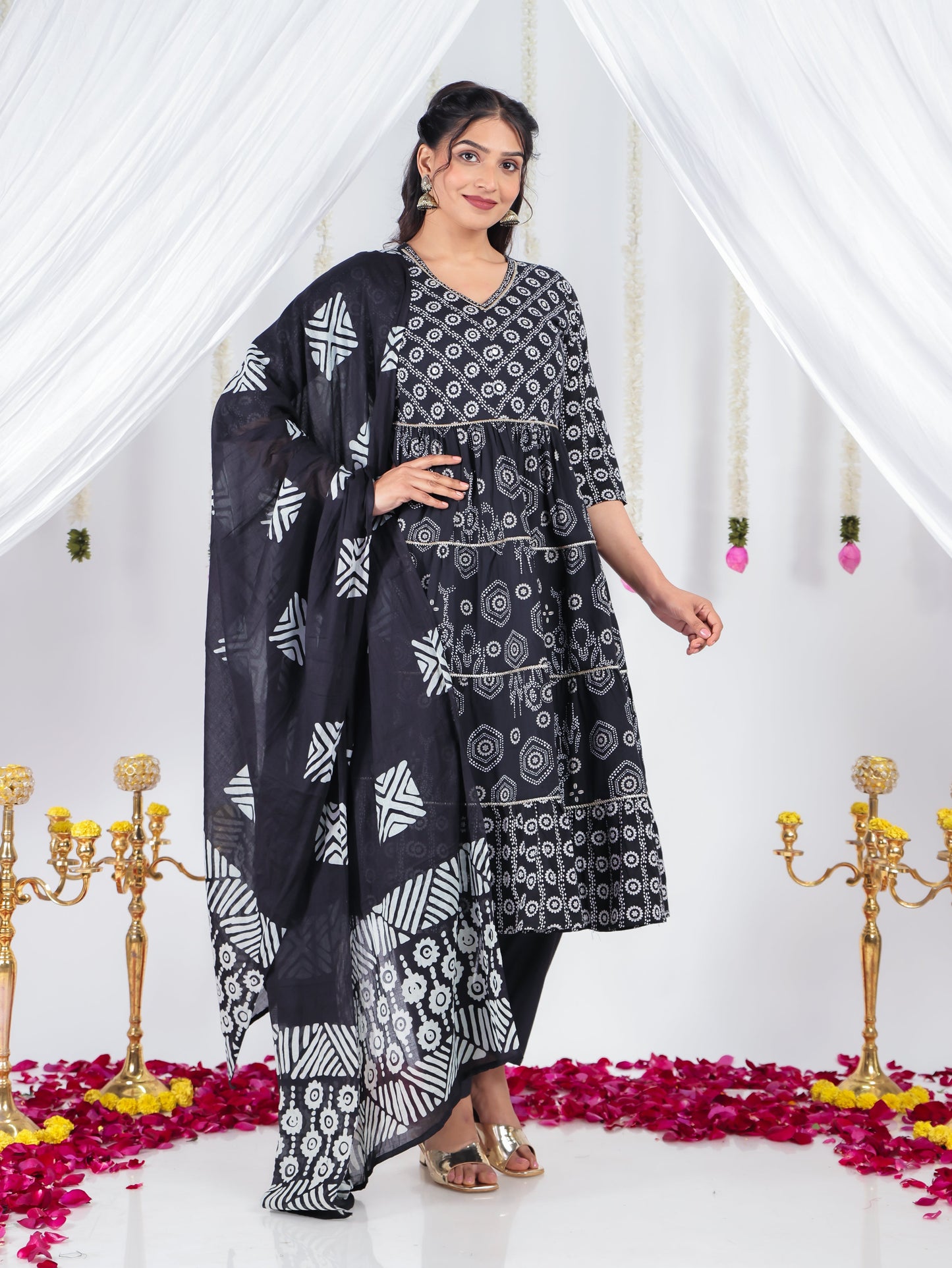 Soft Cotton Bandhani Anarkali Black Kurta