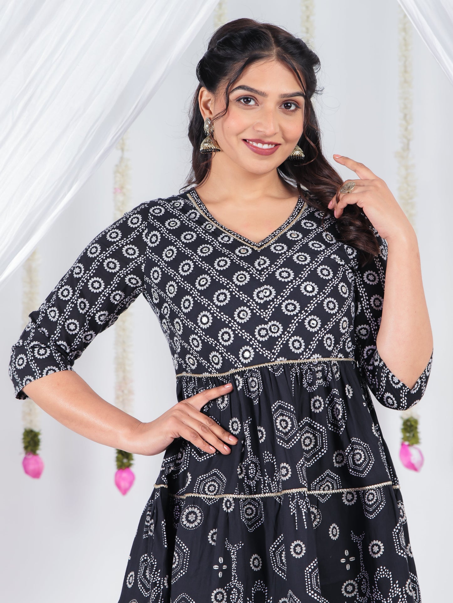 Soft Cotton Bandhani Anarkali Black Kurta