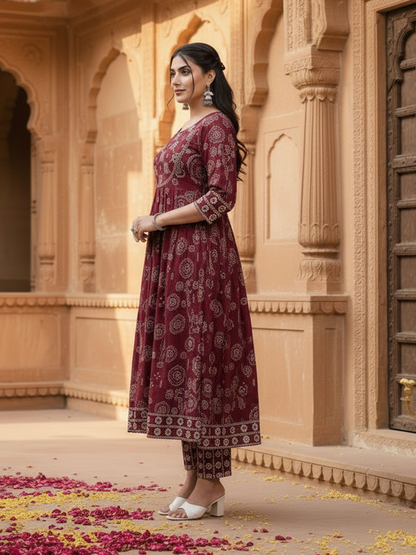 Embroidered Soft Cotton Bandhani Anarkali Maroon Kurta