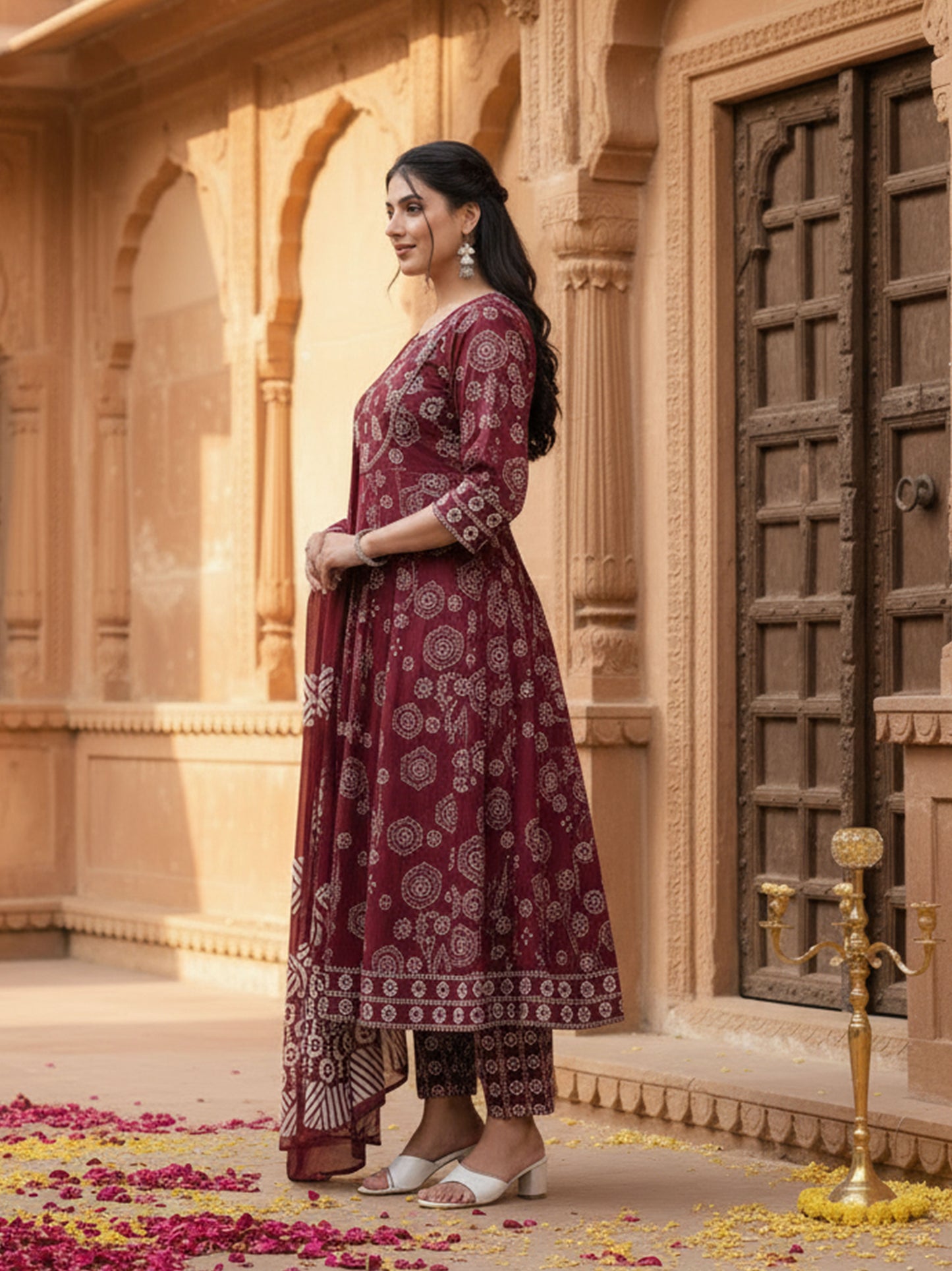 Embroidered Soft Cotton Bandhani Anarkali Maroon Kurta