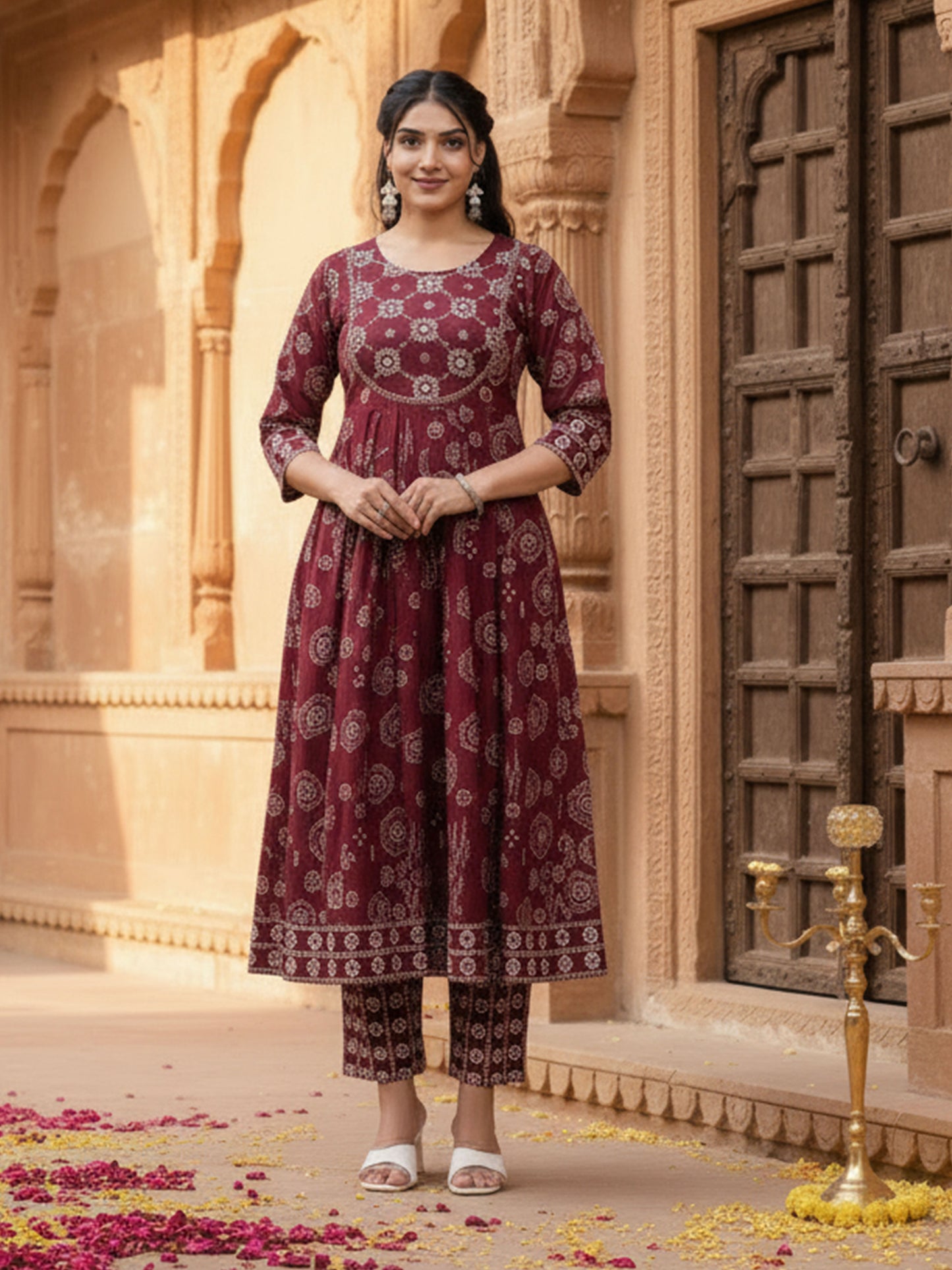 Embroidered Soft Cotton Bandhani Anarkali Maroon Kurta