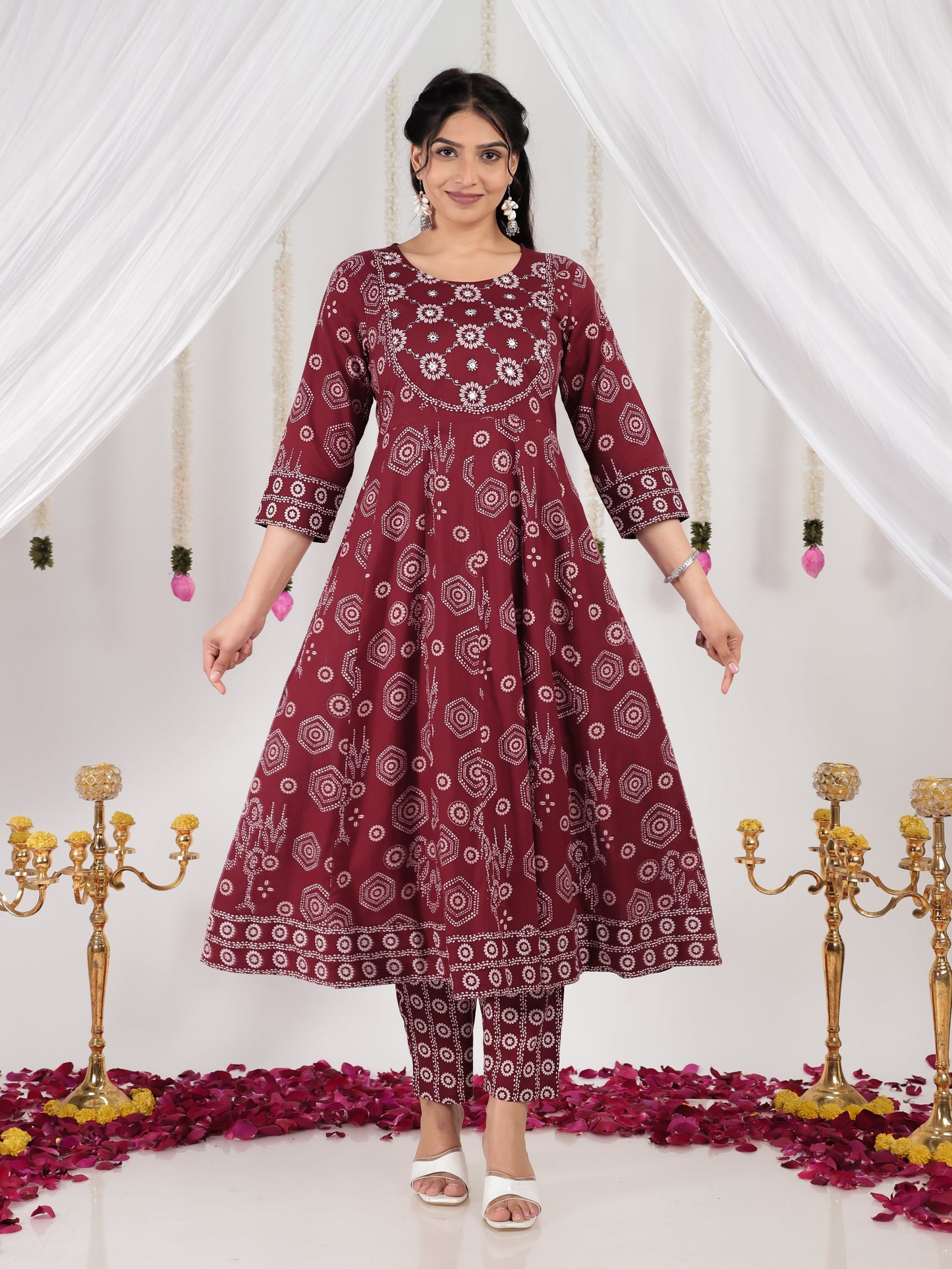 Embroidered Soft Cotton Bandhani Anarkali Maroon Kurta