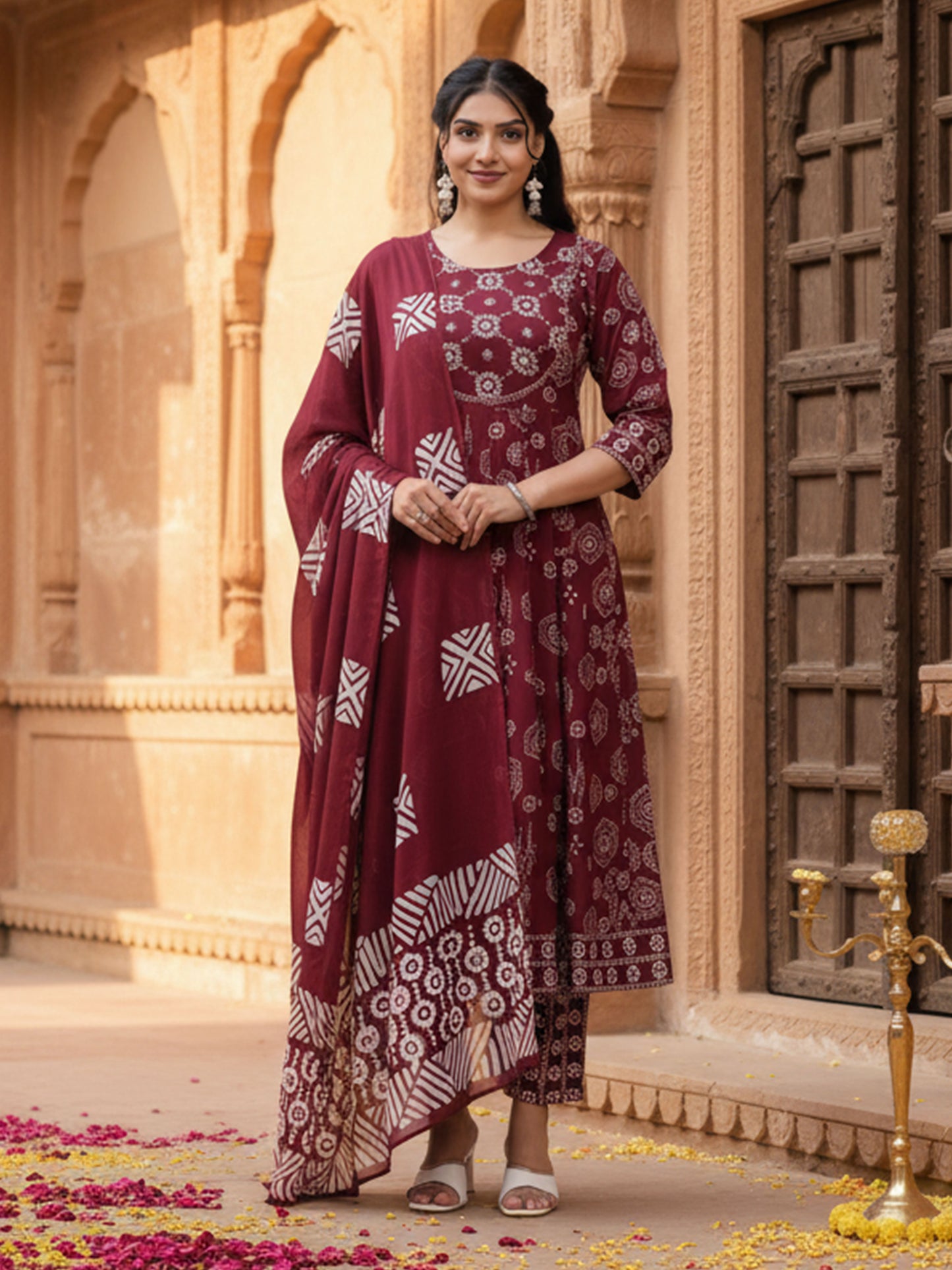 Embroidered Soft Cotton Bandhani Anarkali Maroon Kurta