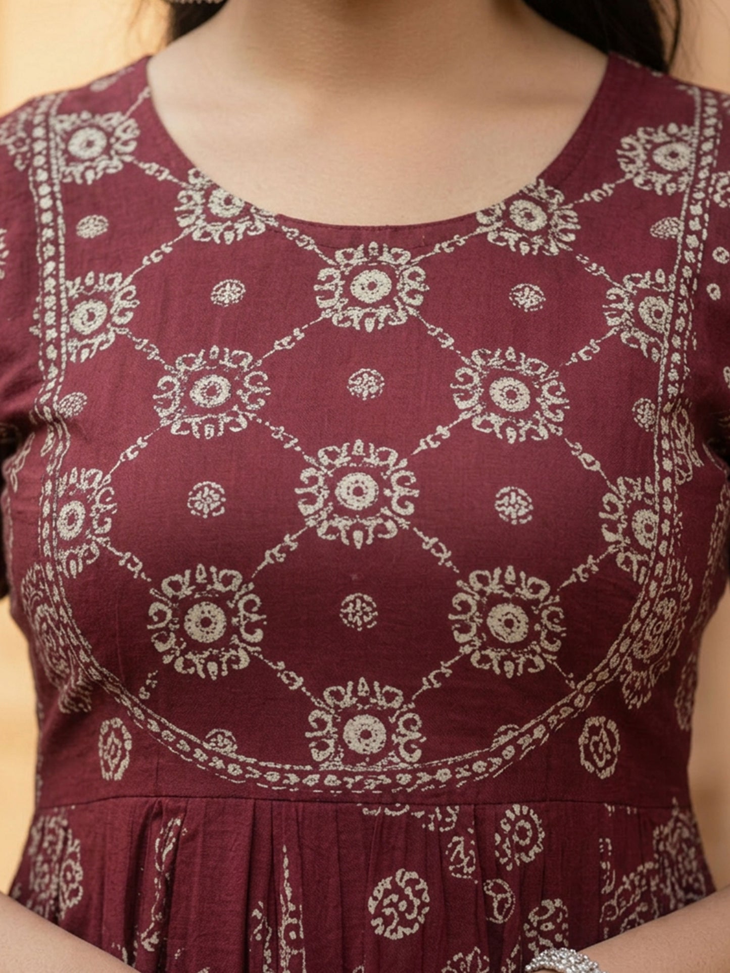 Embroidered Soft Cotton Bandhani Anarkali Maroon Kurta