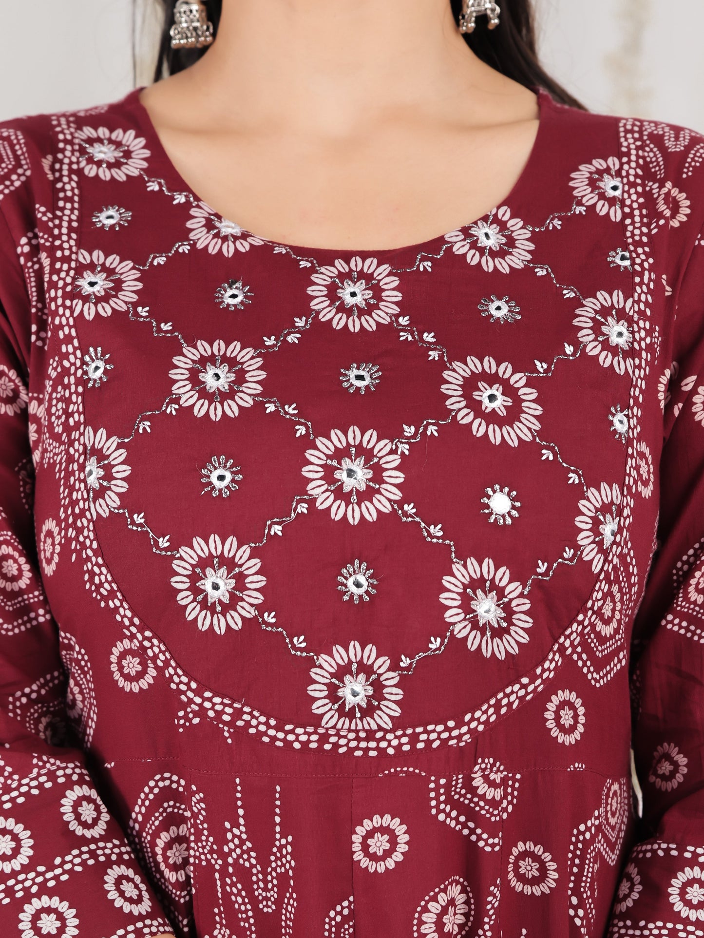 Embroidered Soft Cotton Bandhani Anarkali Maroon Kurta