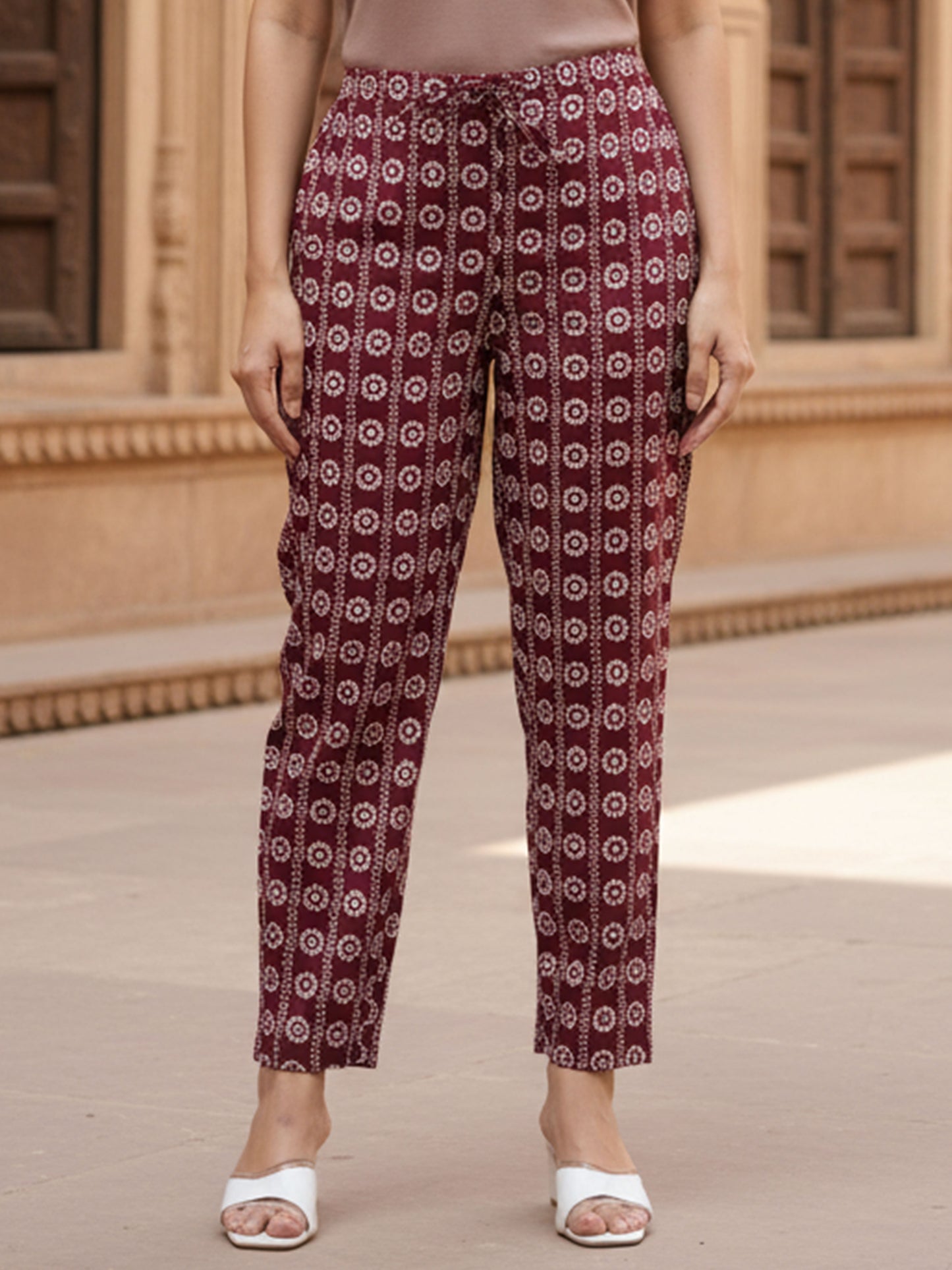 Soft Cotton Bandhani Maroon Tapered Trousers