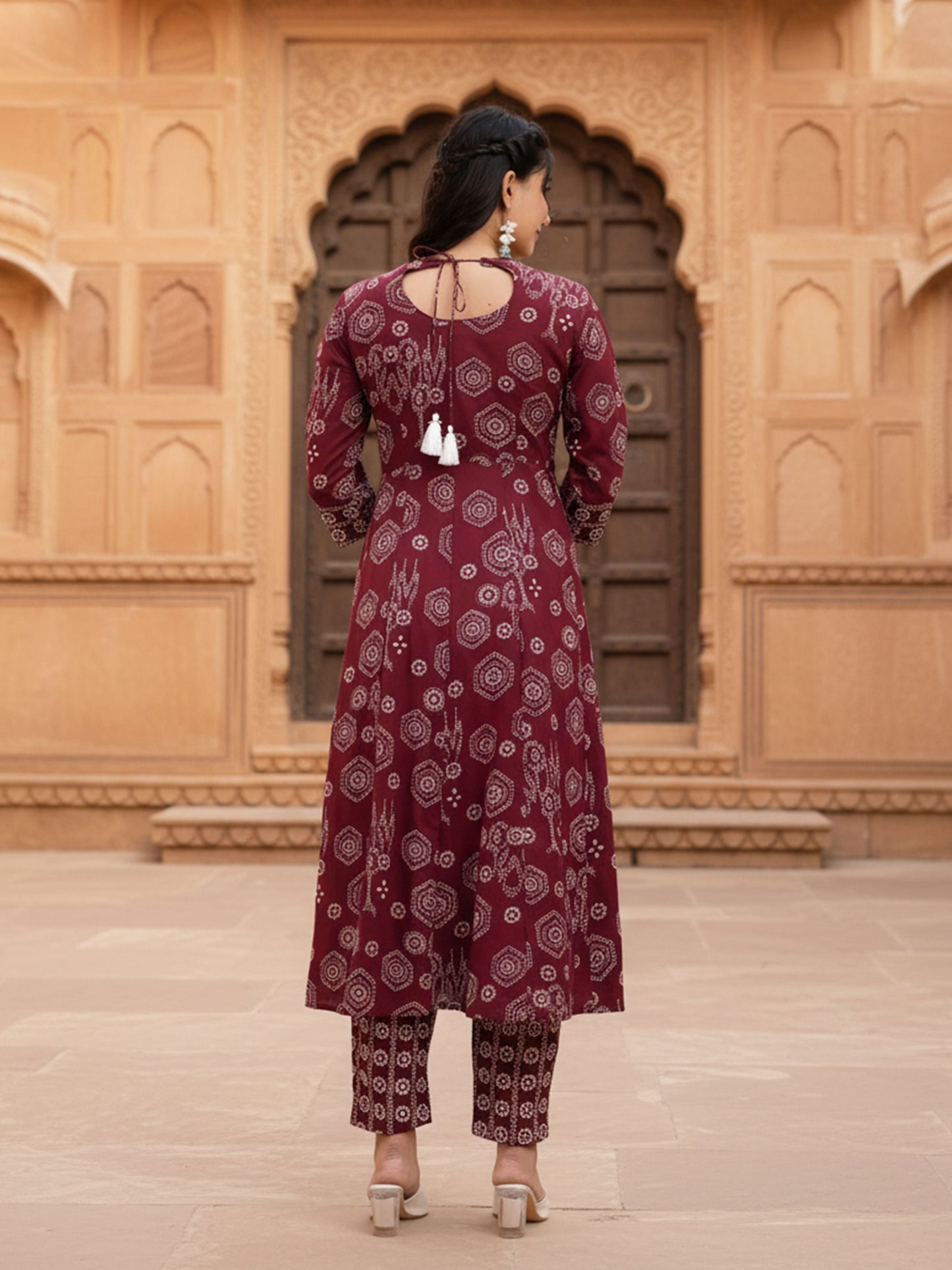 Embroidered Soft Cotton Bandhani Anarkali Maroon Kurta