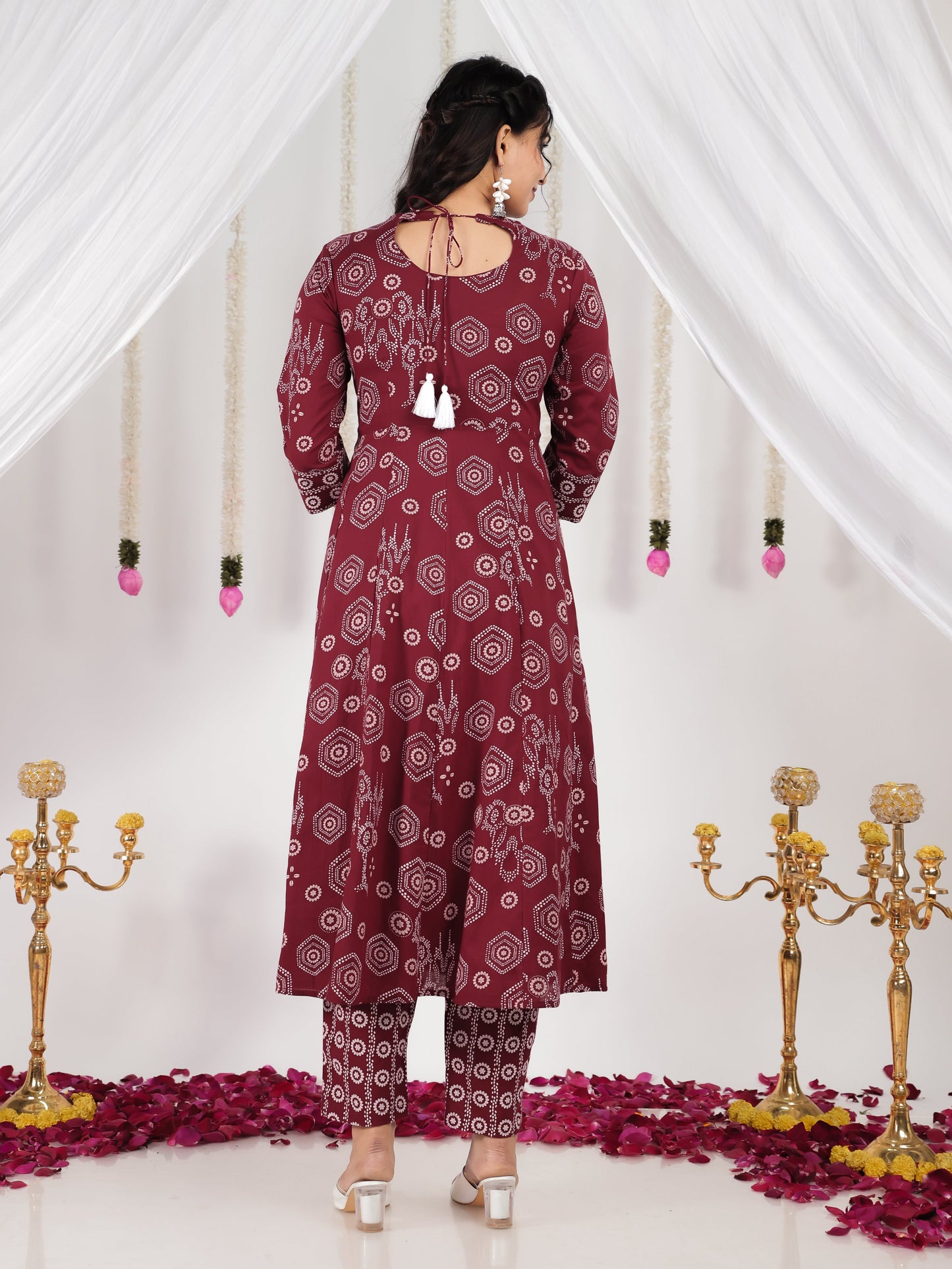 Embroidered Soft Cotton Bandhani Anarkali Maroon Kurta