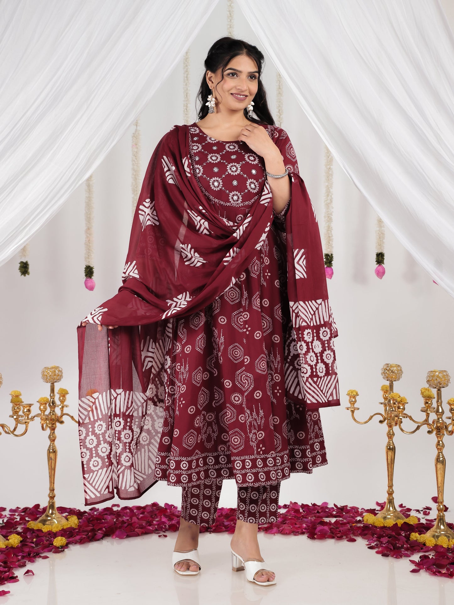 Embroidered Soft Cotton Bandhani Anarkali Maroon Kurta