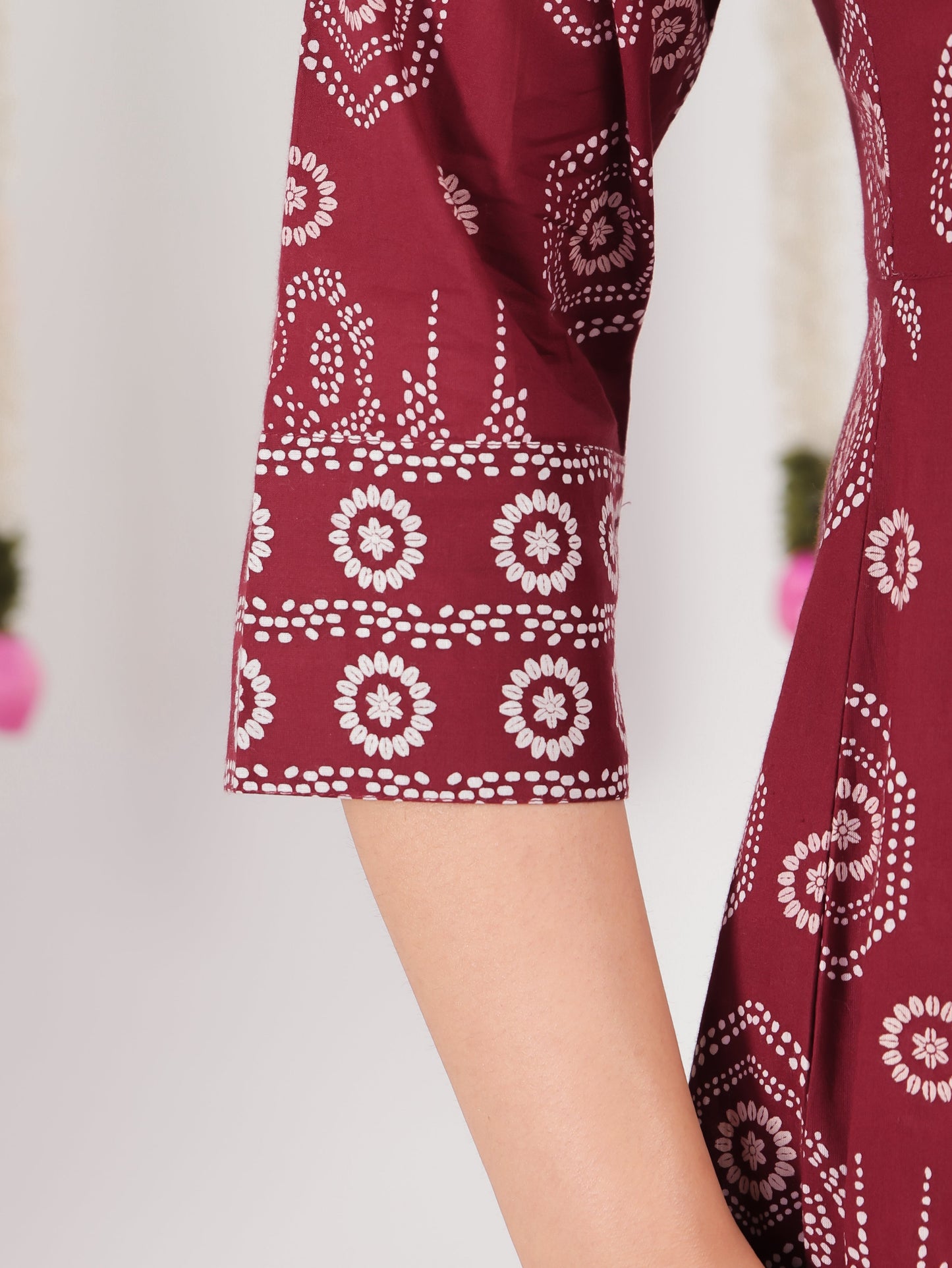Embroidered Soft Cotton Bandhani Anarkali Maroon Kurta