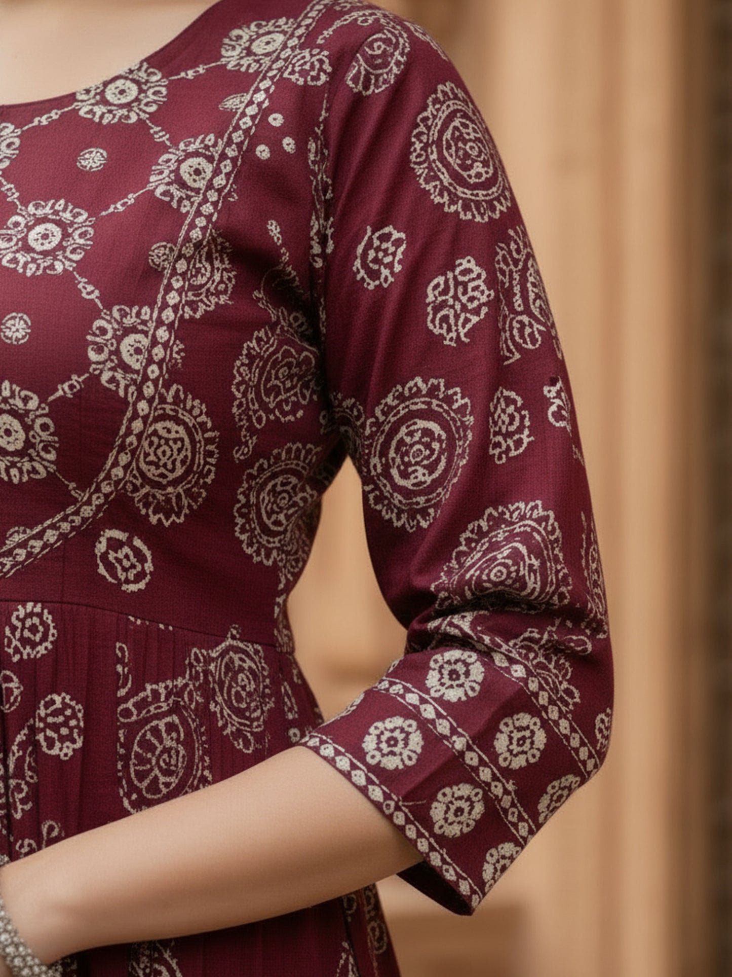 Embroidered Soft Cotton Bandhani Anarkali Maroon Kurta