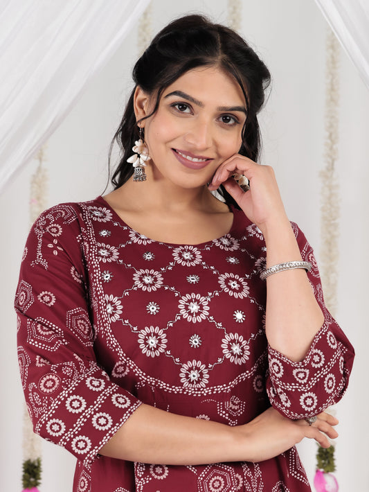 Embroidered Soft Cotton Bandhani Anarkali Maroon Kurta
