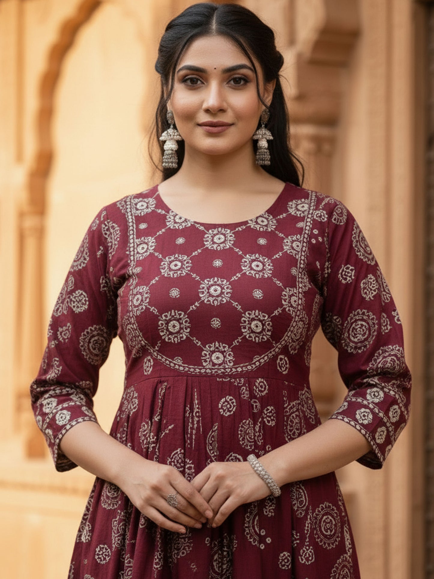 Embroidered Soft Cotton Bandhani Anarkali Maroon Kurta