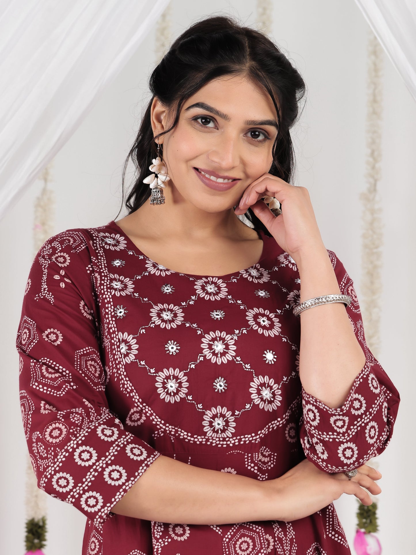 Embroidered Soft Cotton Bandhani Anarkali Maroon Kurta