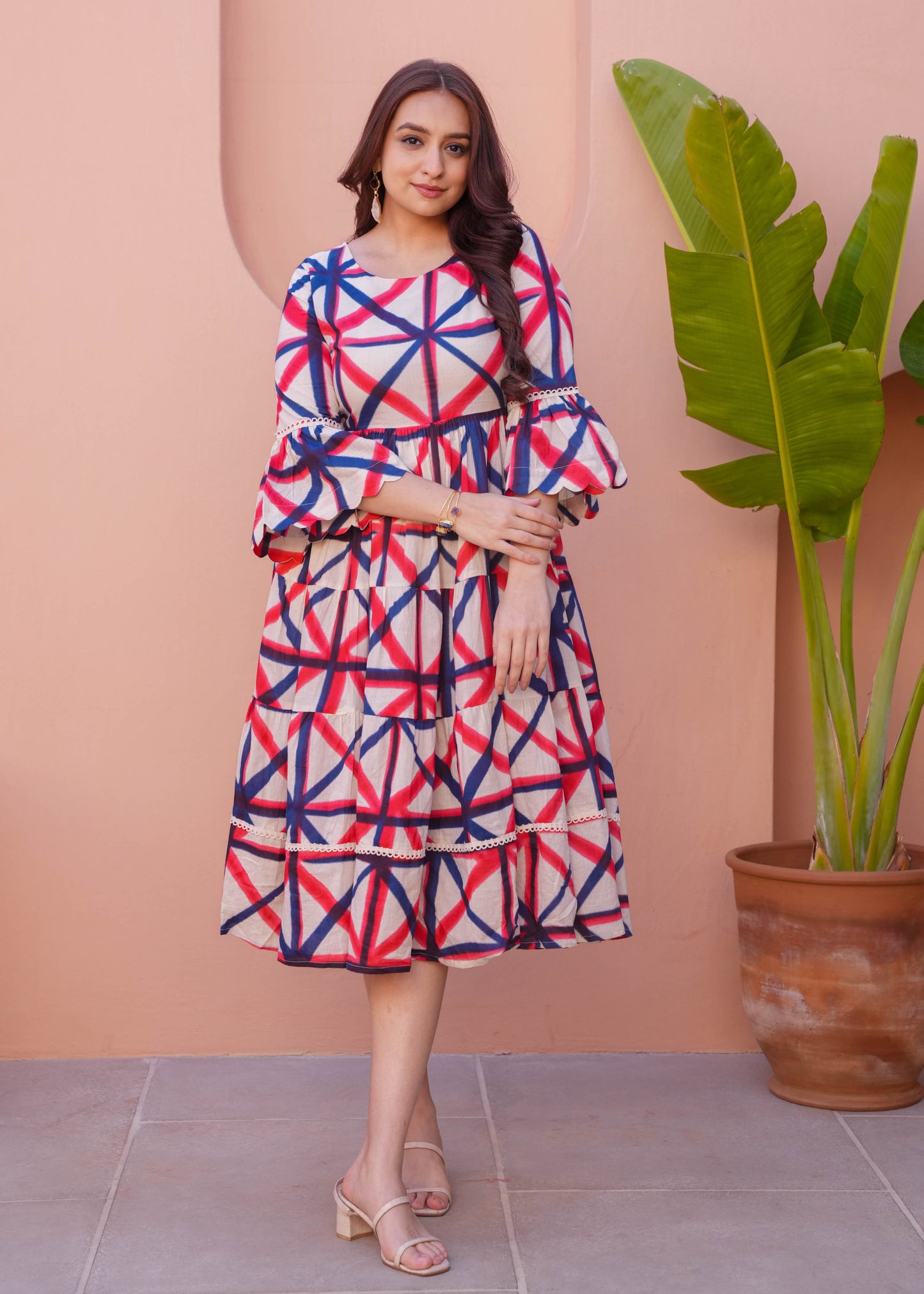 Soft Cotton Geometric Flared Cream Dress