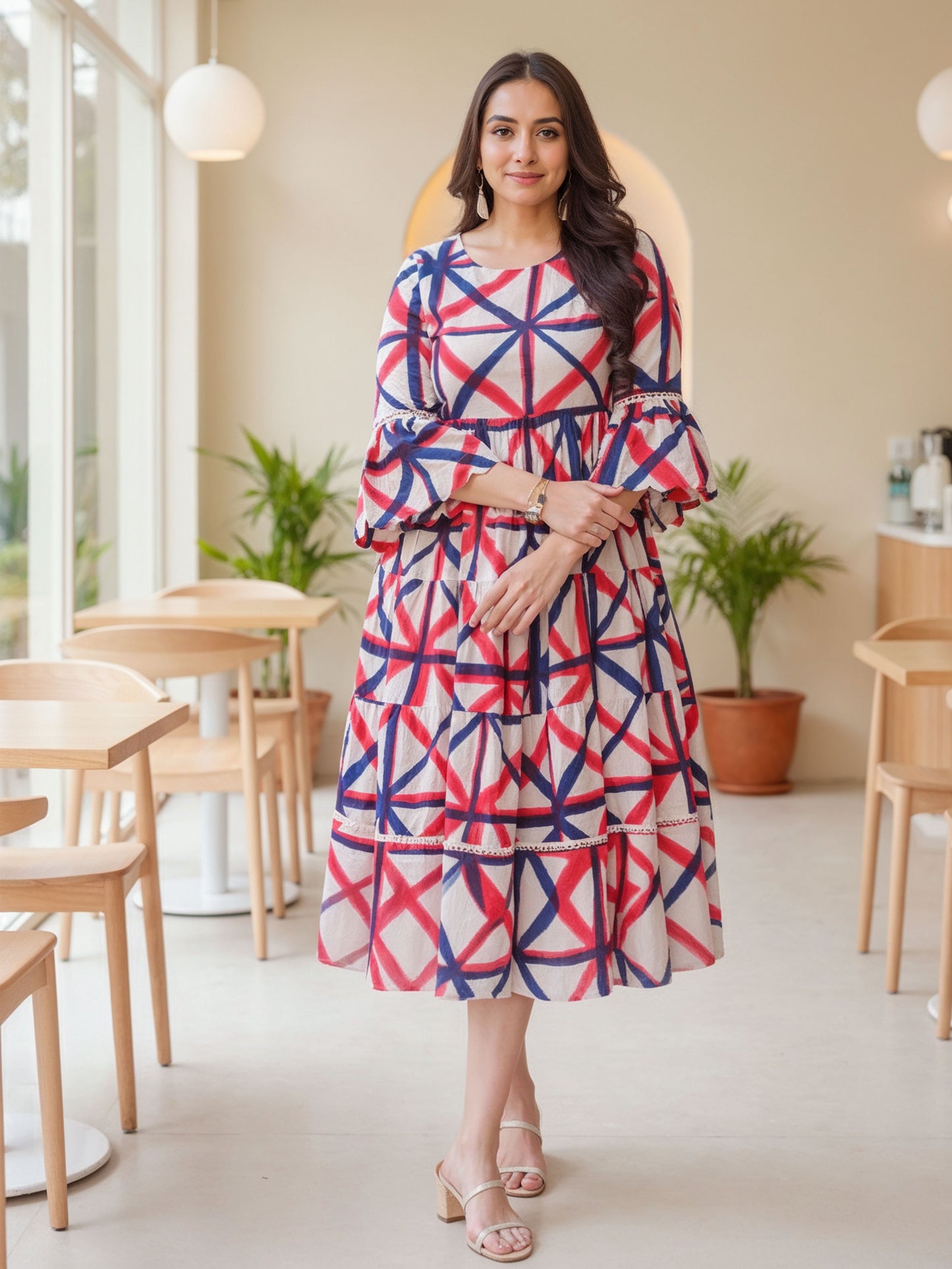 Soft Cotton Geometric Flared Cream Dress