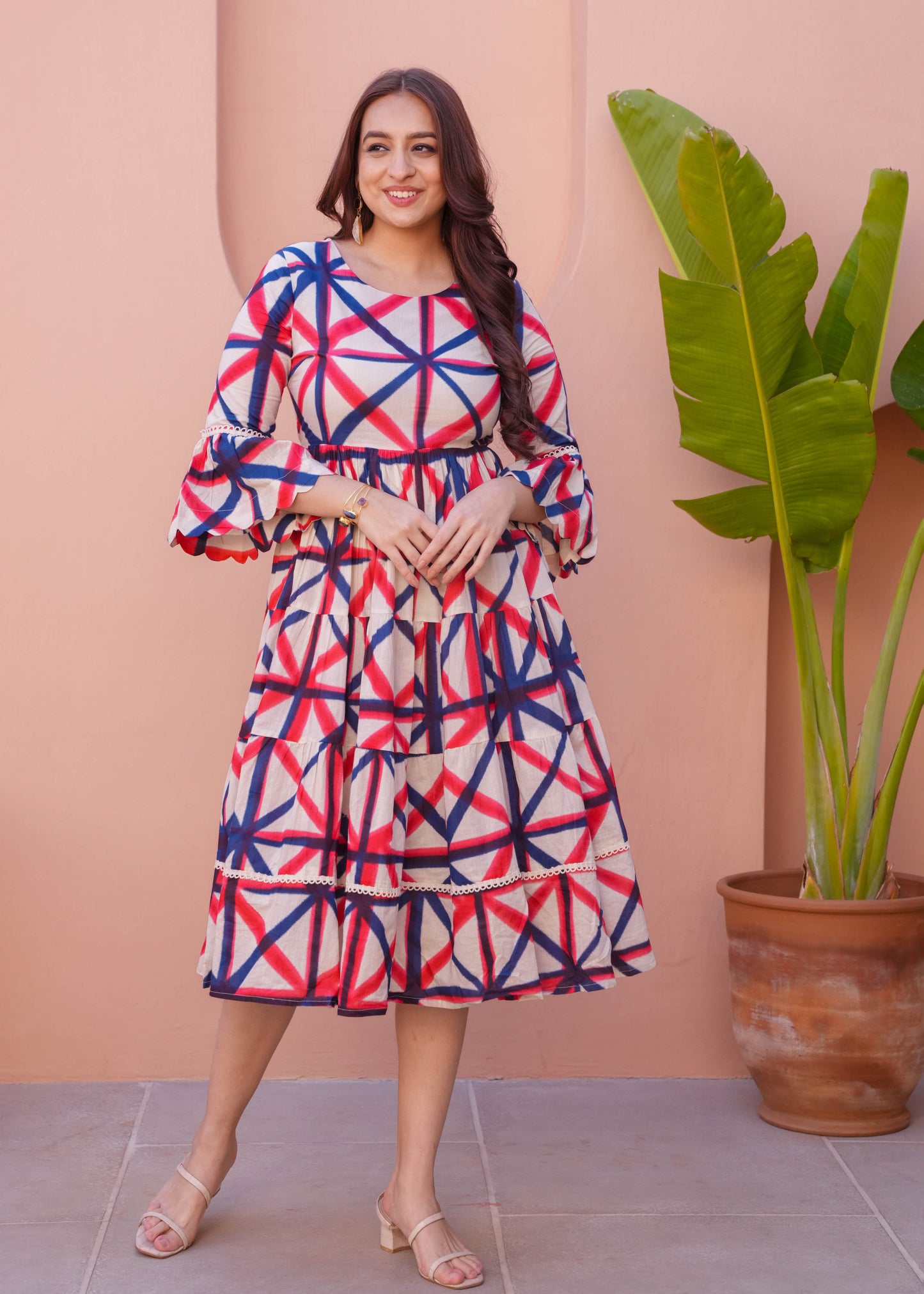 Soft Cotton Geometric Flared Cream Dress