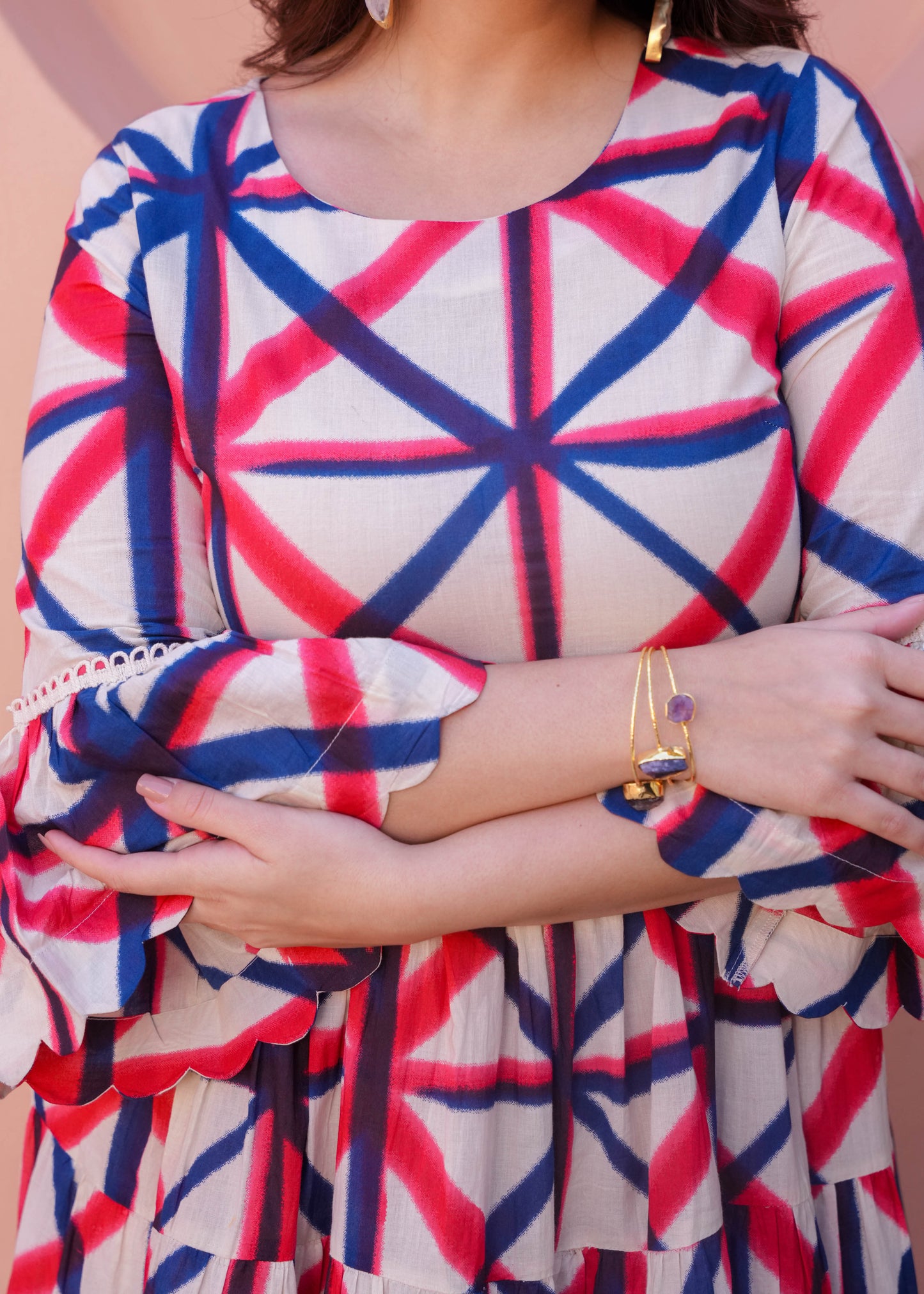 Soft Cotton Geometric Flared Cream Dress