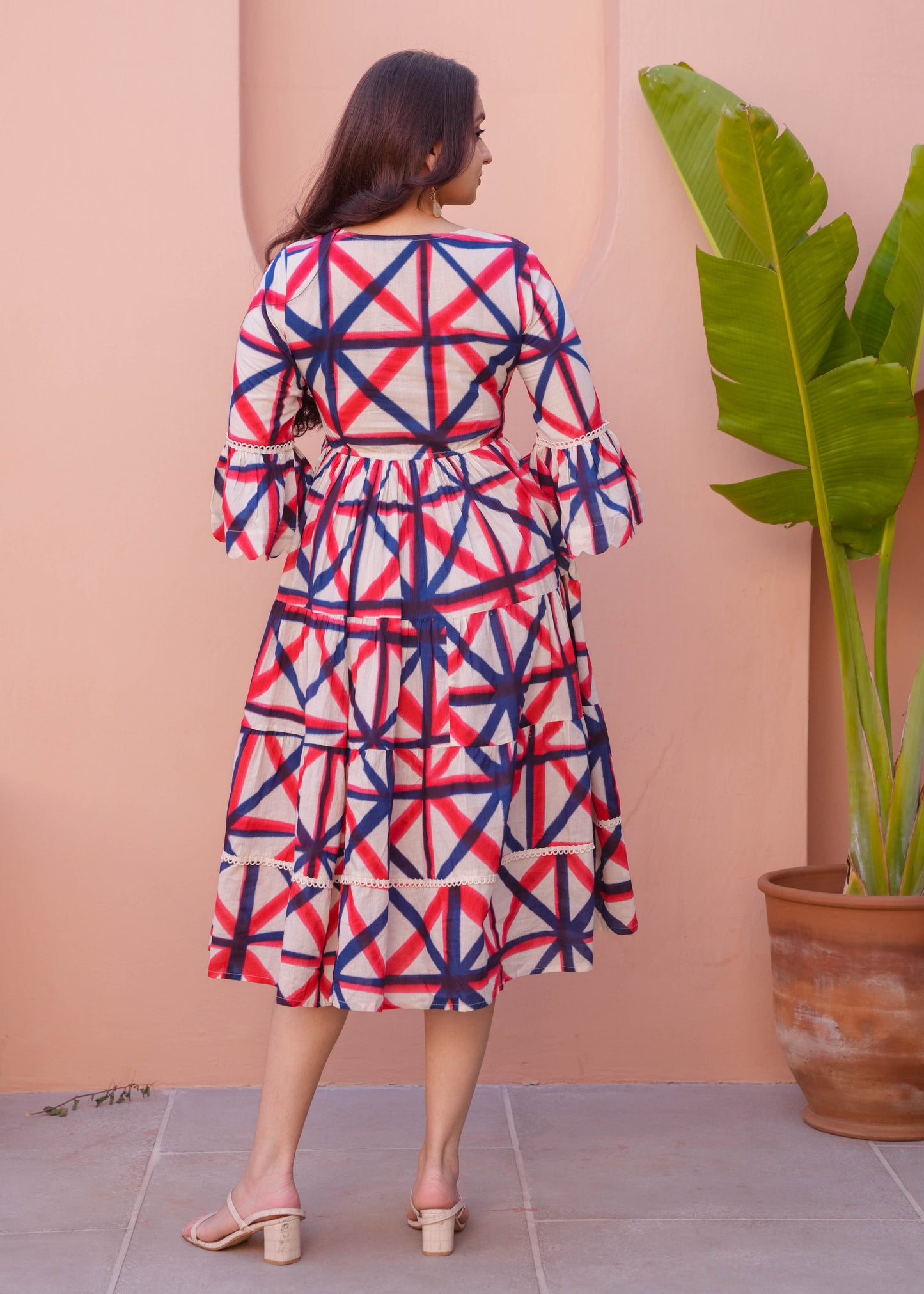 Soft Cotton Geometric Flared Cream Dress