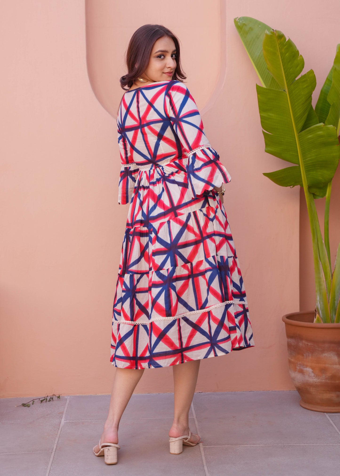 Soft Cotton Geometric Flared Cream Dress