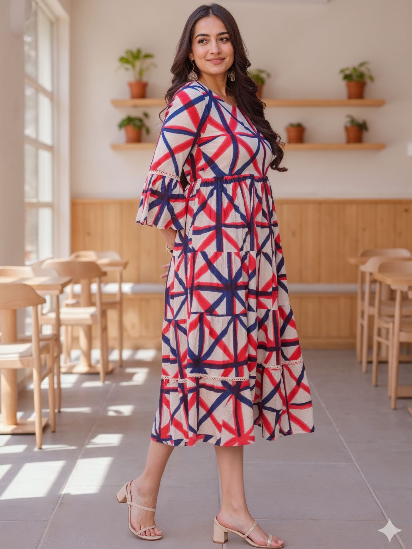 Soft Cotton Geometric Flared Cream Dress
